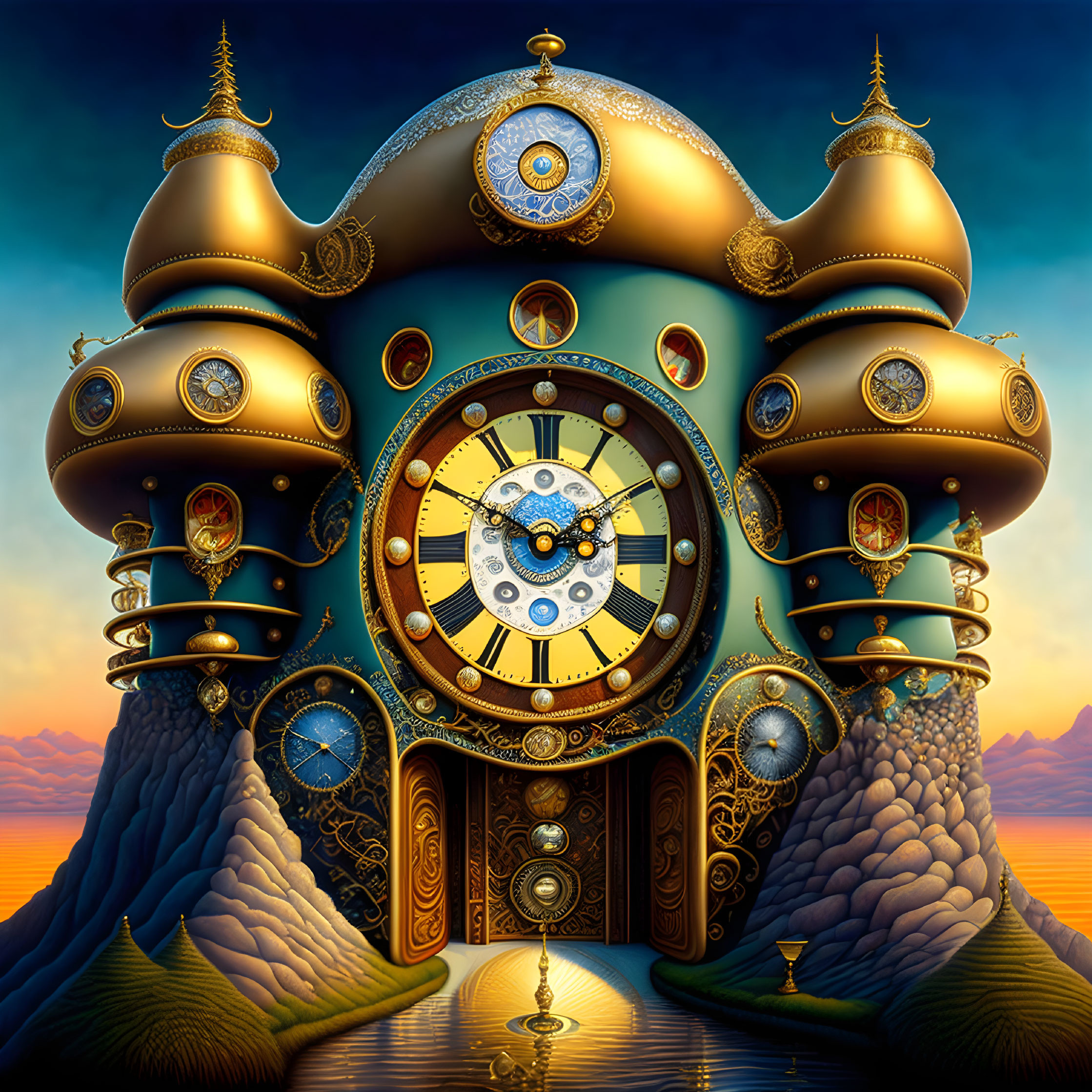 Golden clockwork building with ornate details and grand clock face at sunset