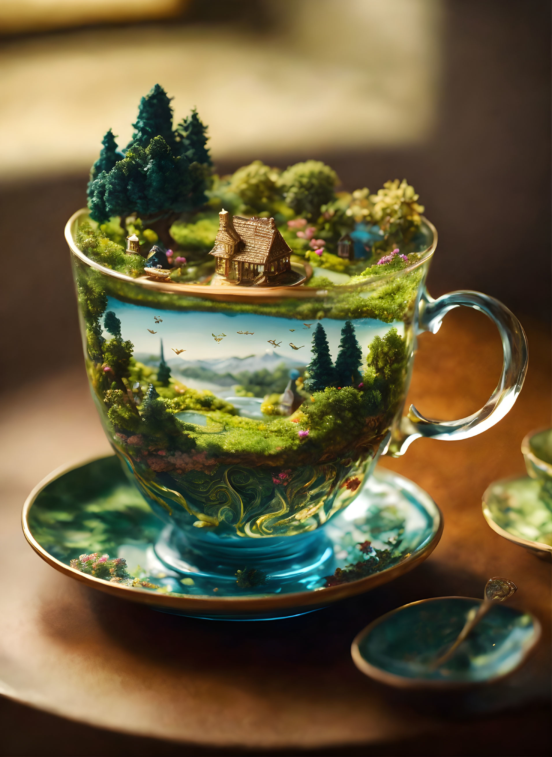 Miniature teacup landscape with tiny trees, house, and birds depicting a whimsical scene