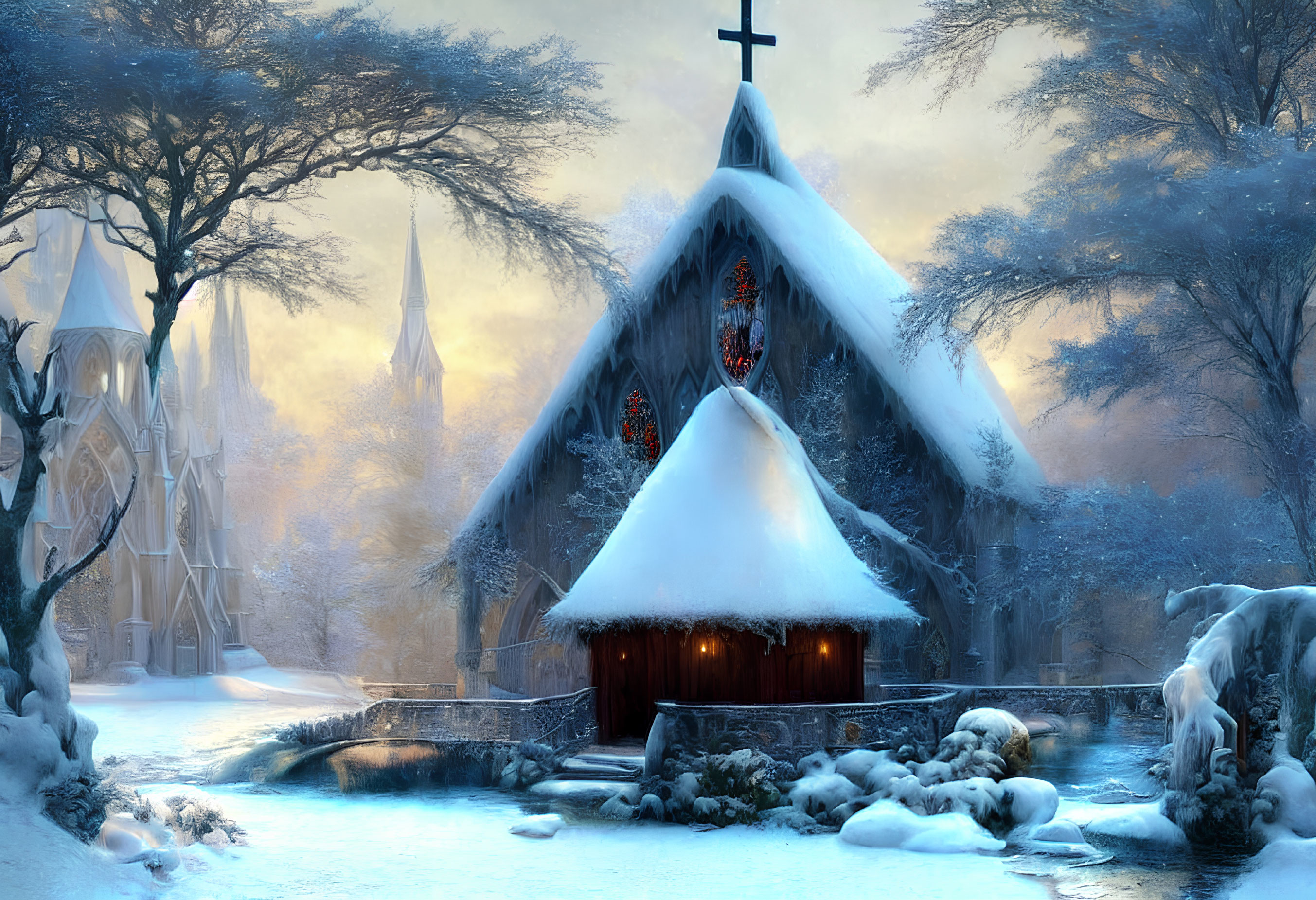 Snowy church with cross, stained glass windows, frost-covered trees, bridge, and river.