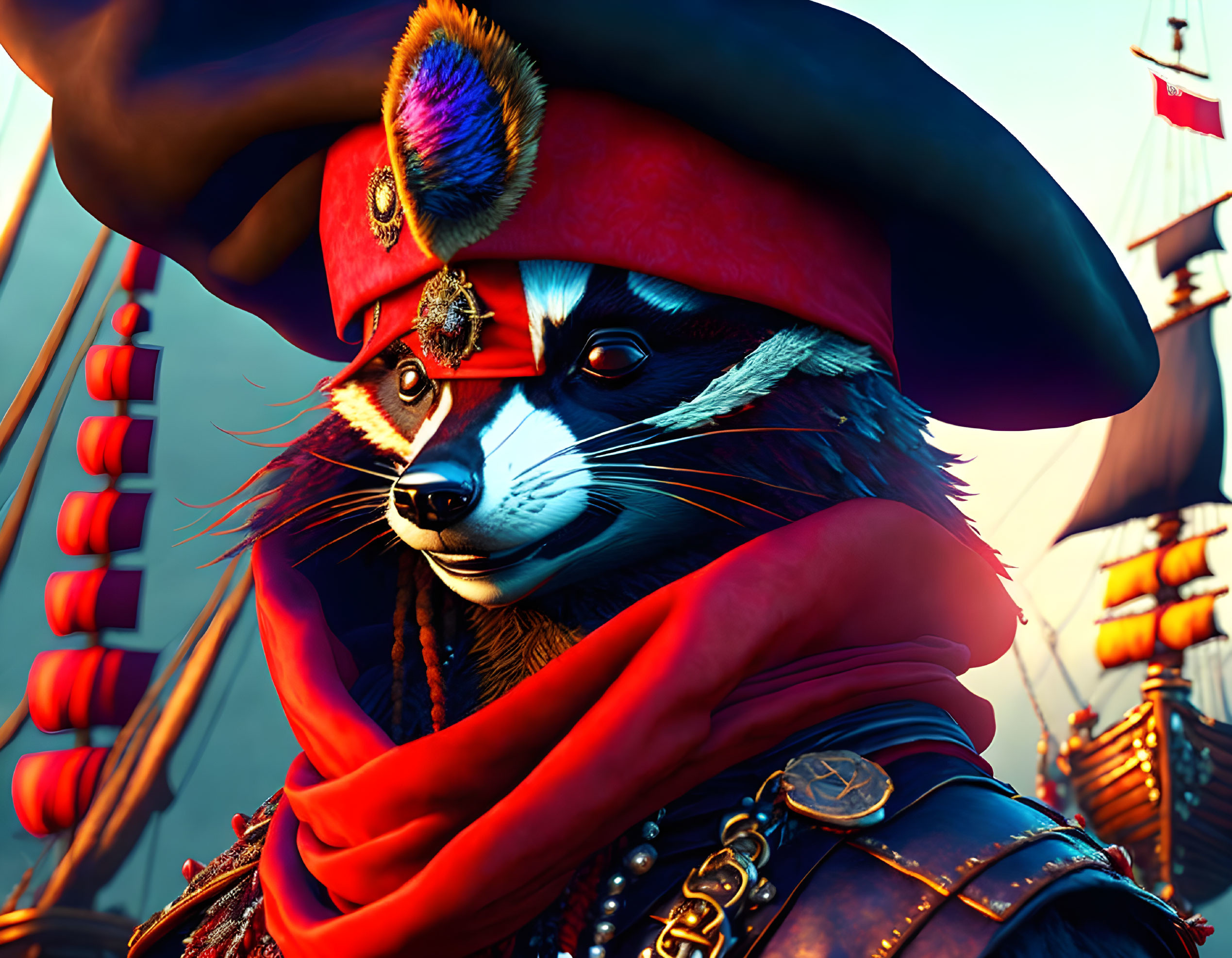 Digital rendering of pirate raccoon with tricorn hat and ships