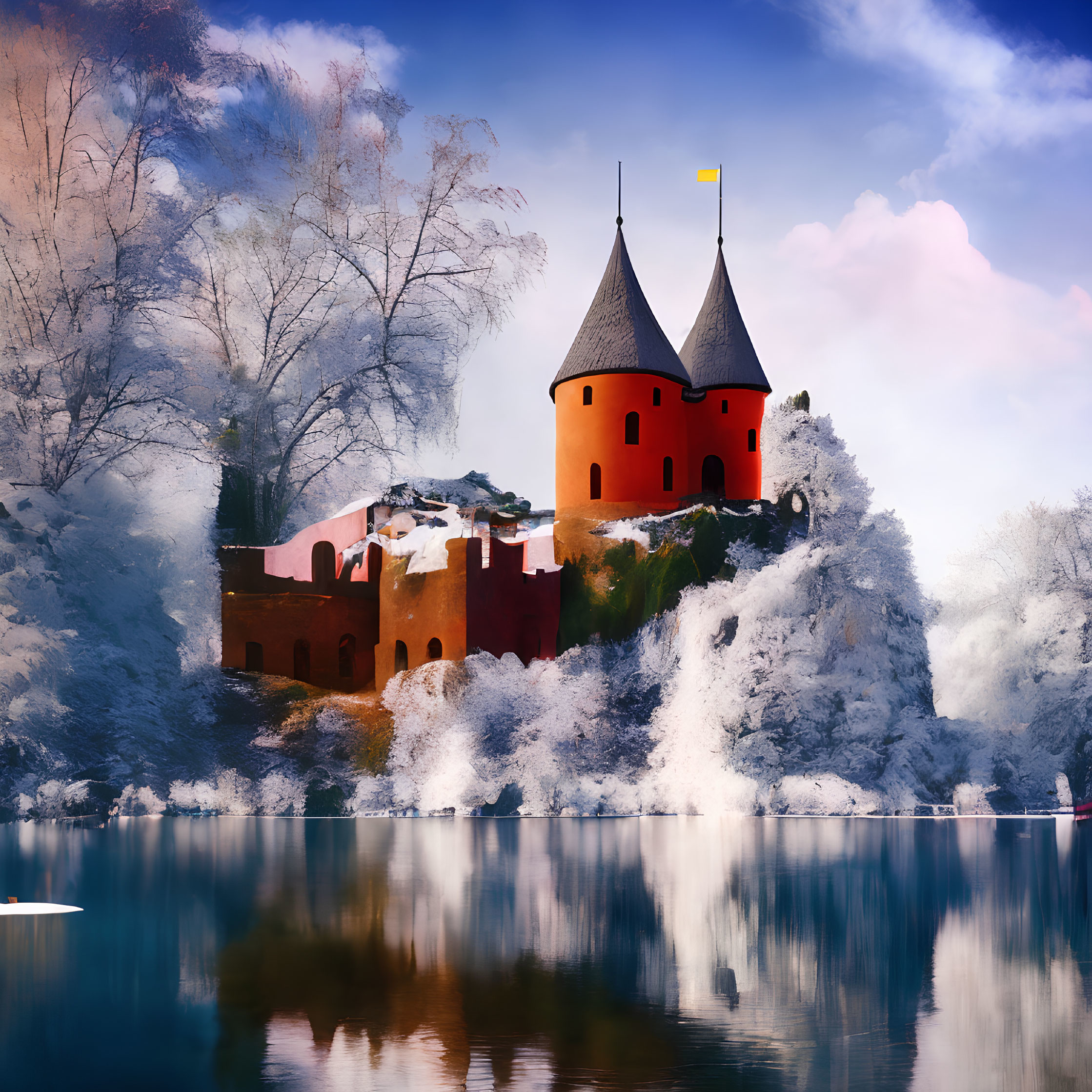 Medieval castle with twin towers on snowy hill reflected in calm lake