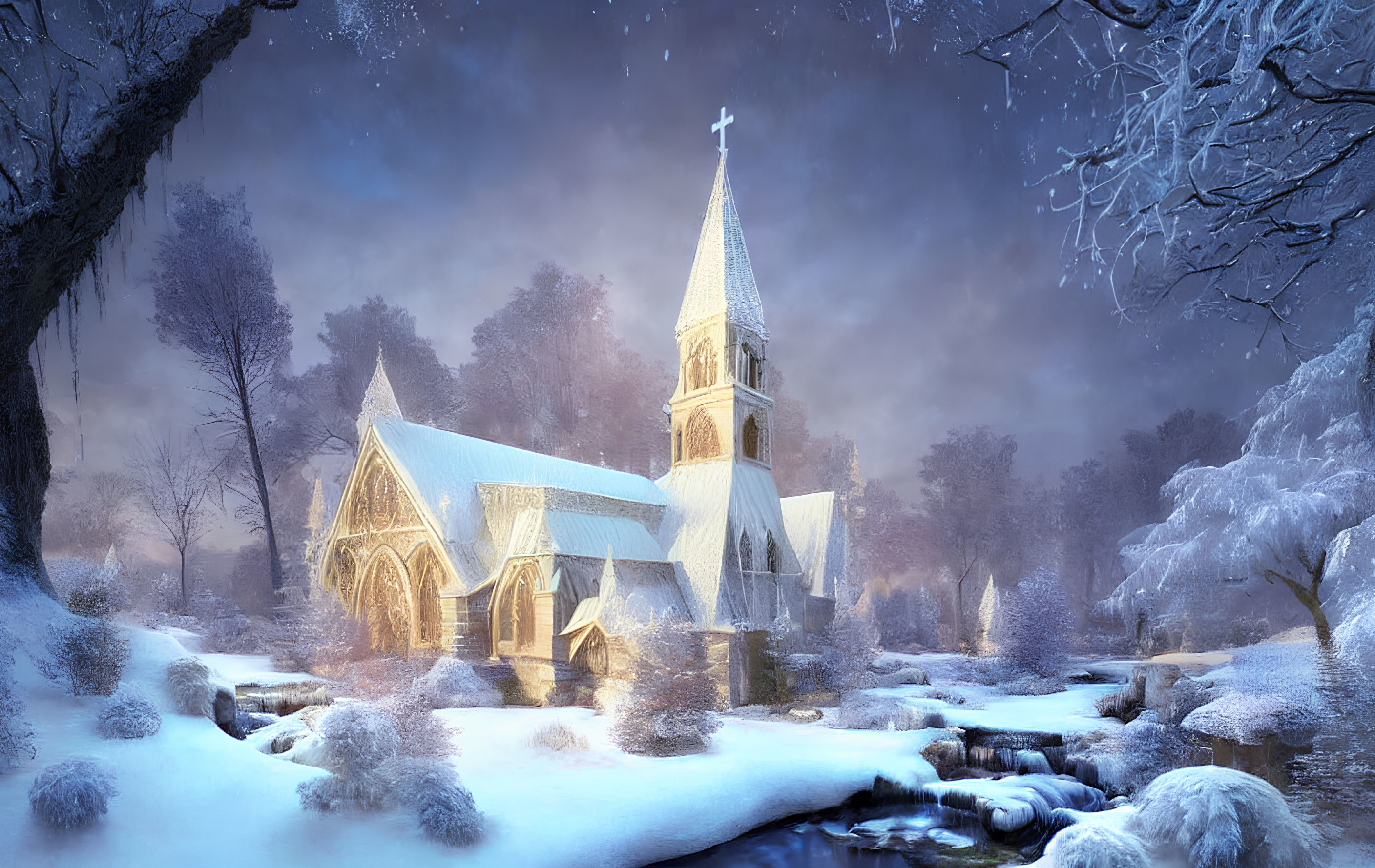 Snow-covered church beside frozen stream under twilight sky.