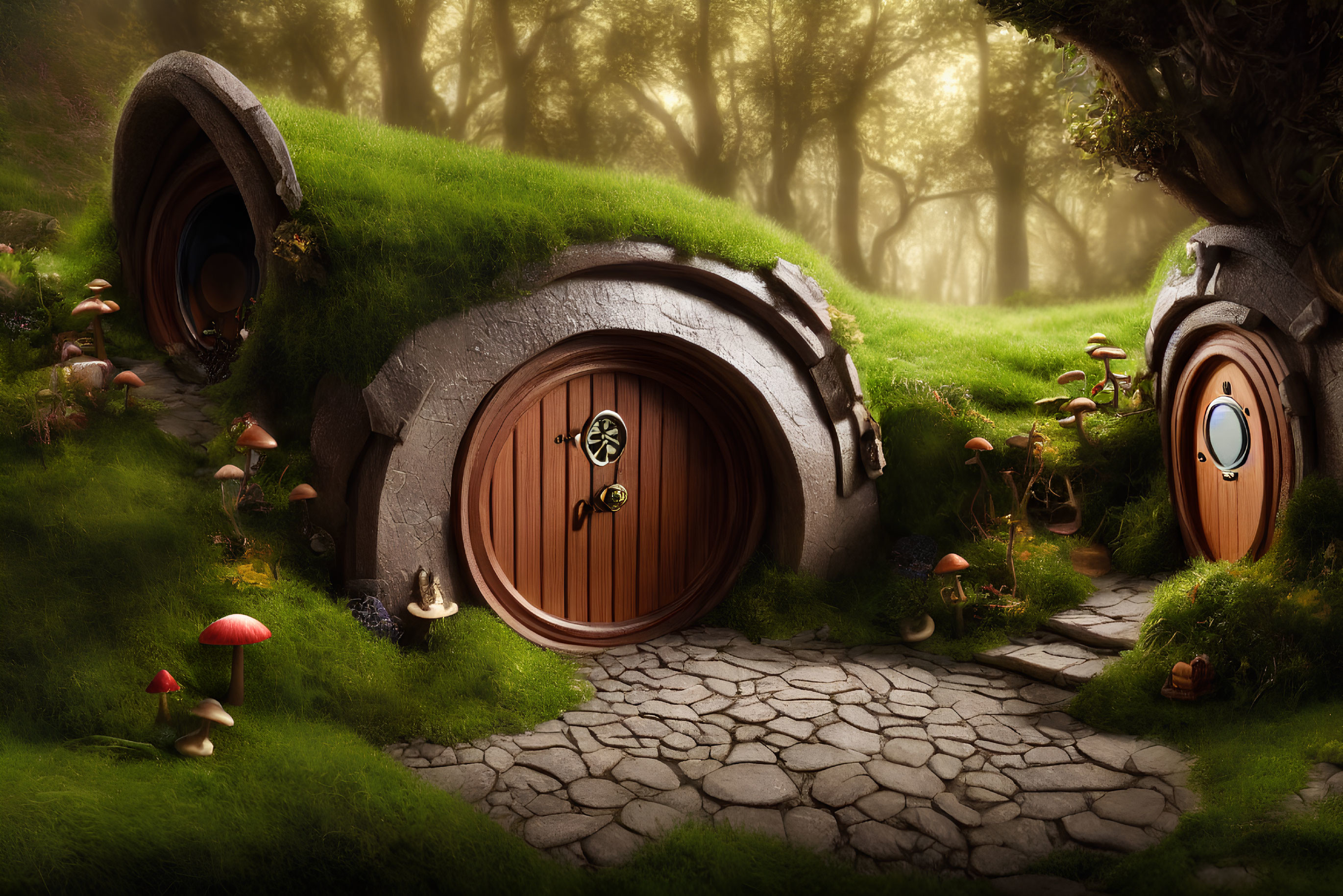 Whimsical forest scene with hobbit-like doors, mushrooms, and stone pathway