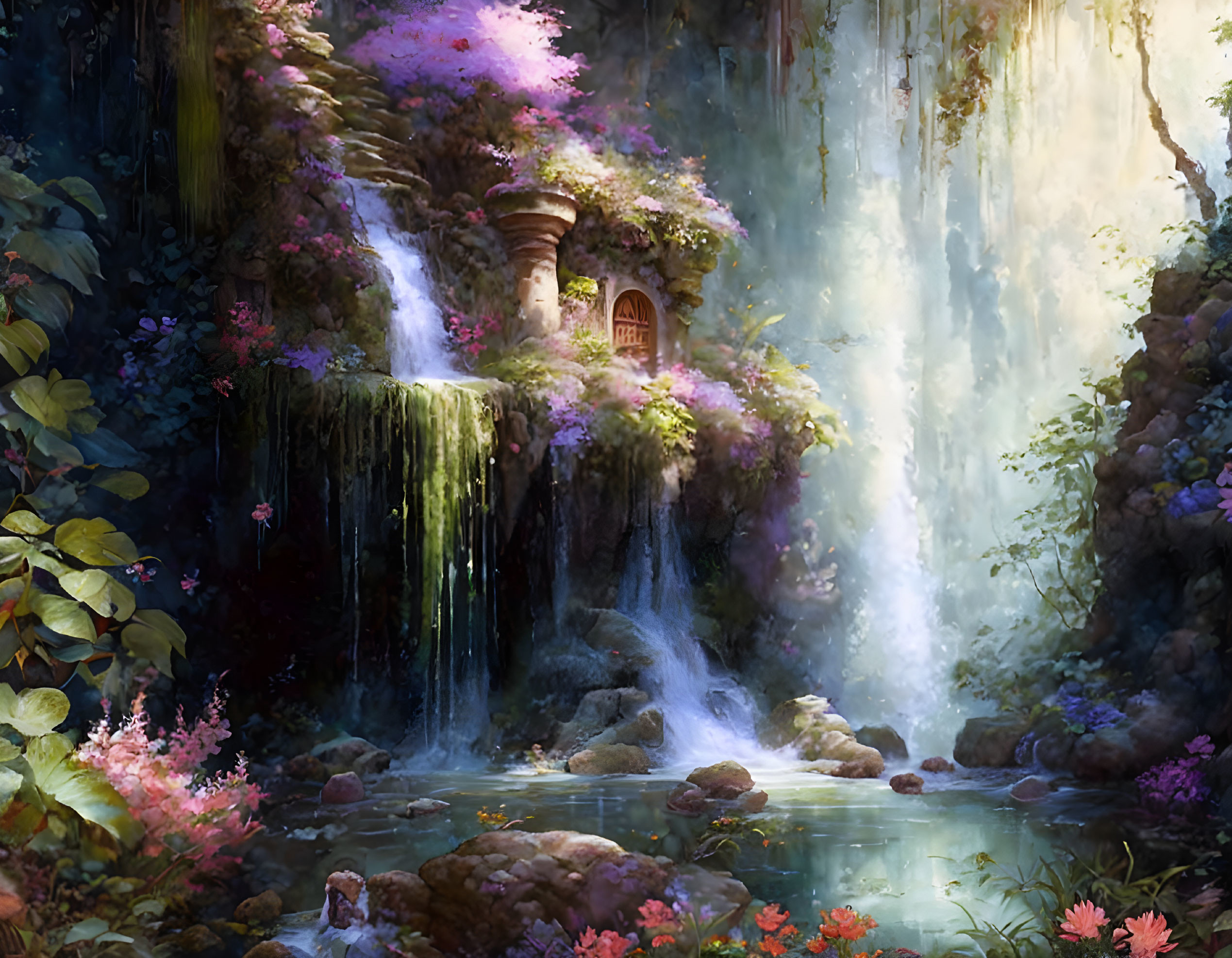 Tranquil forest waterfall with ancient ruins and flowering trees