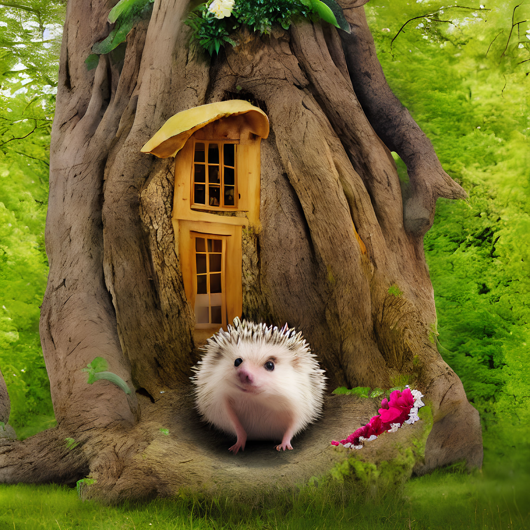 Whimsical hedgehog in front of large tree trunk with small yellow door