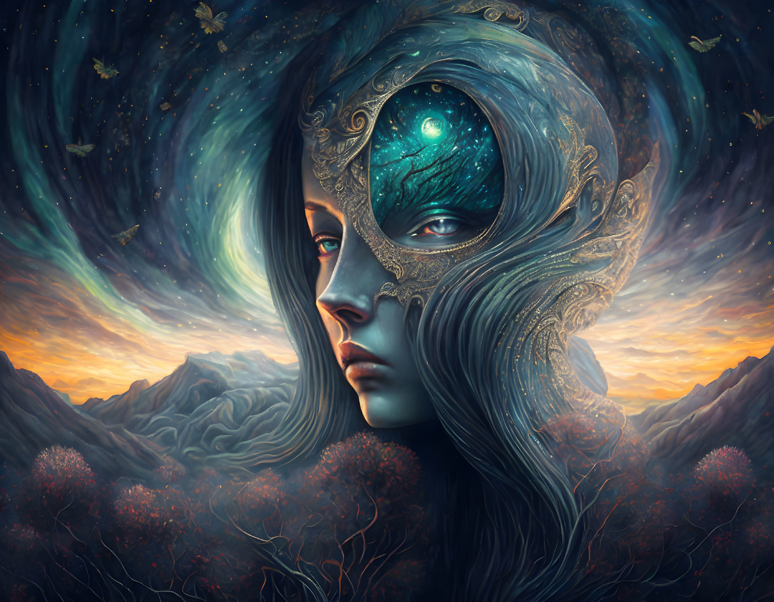 Mystical woman with cosmic portal headdress in twilight sky