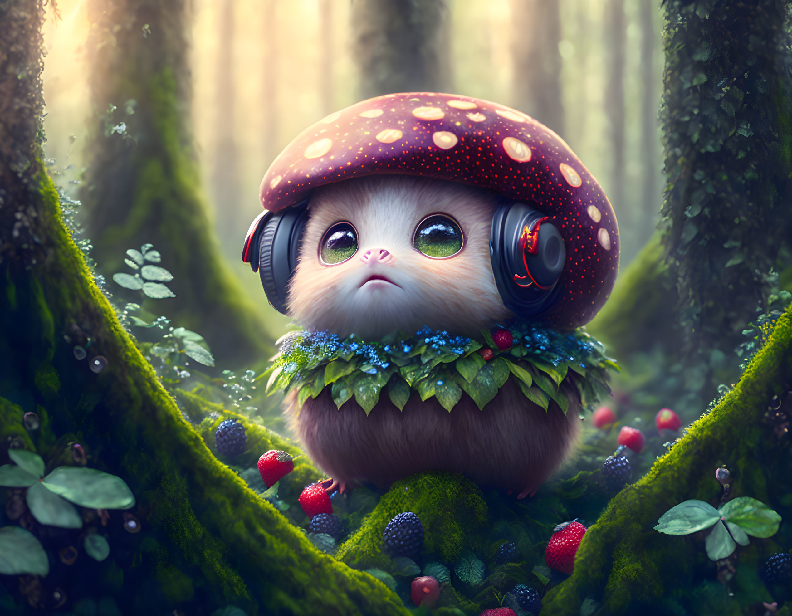 Whimsical illustration of cute creature with mushroom cap head in enchanted forest