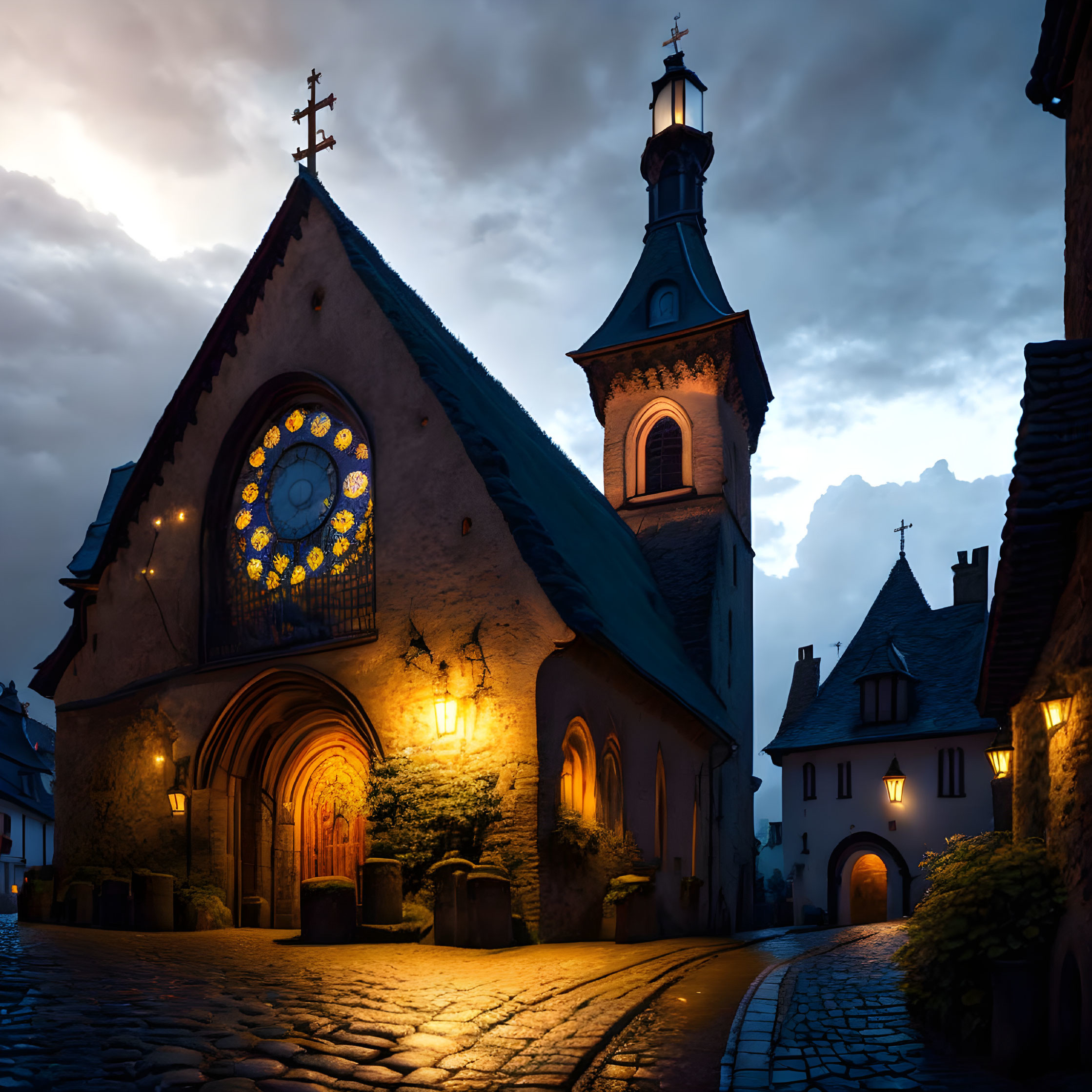 Old Church with Illuminated Rose Window at Dusk in Quaint Village