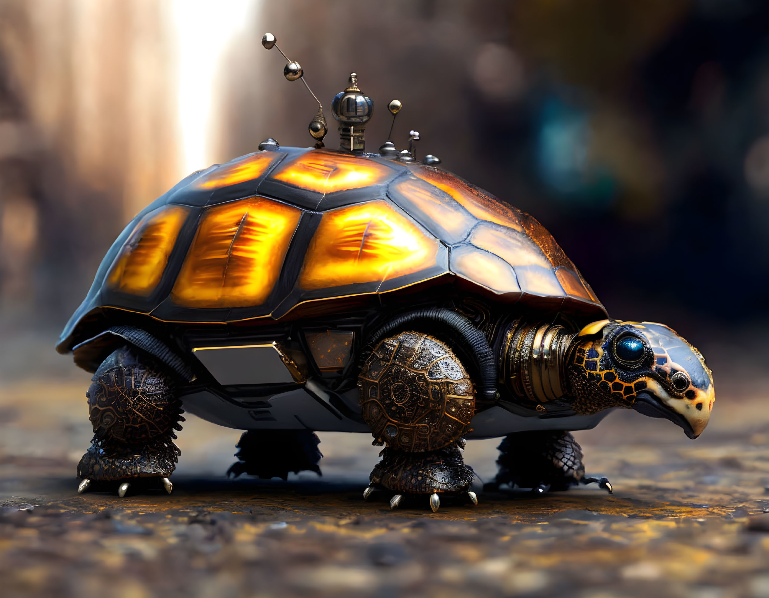 Mechanical Turtle with Glowing Shell and Robotic Appendages