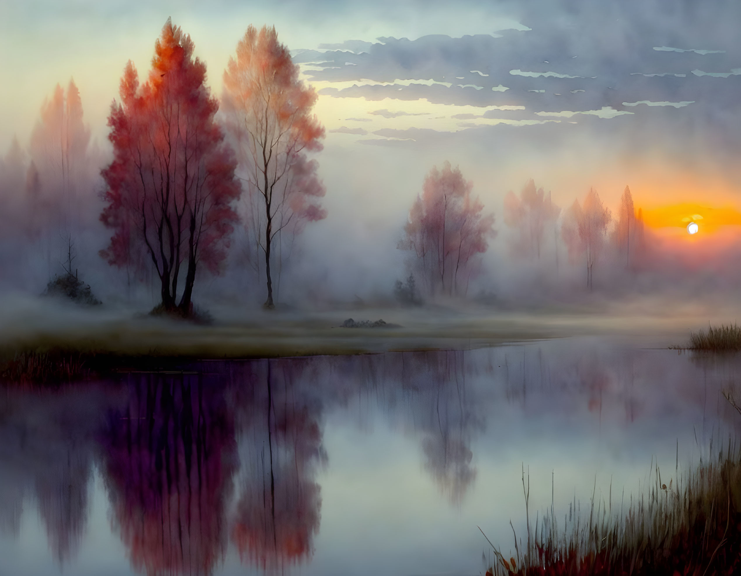 Autumn sunrise by misty lakeside with colorful trees and hazy sky.