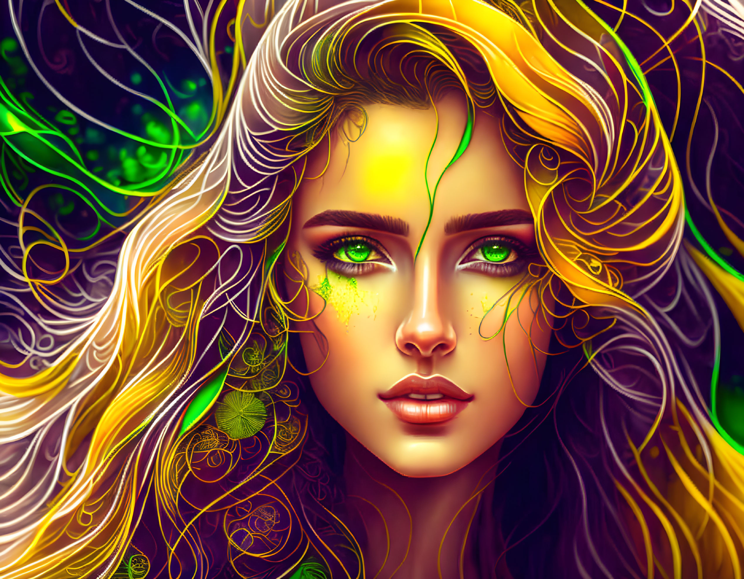 Colorful digital portrait of a woman with flowing hair and abstract patterns in green and yellow.