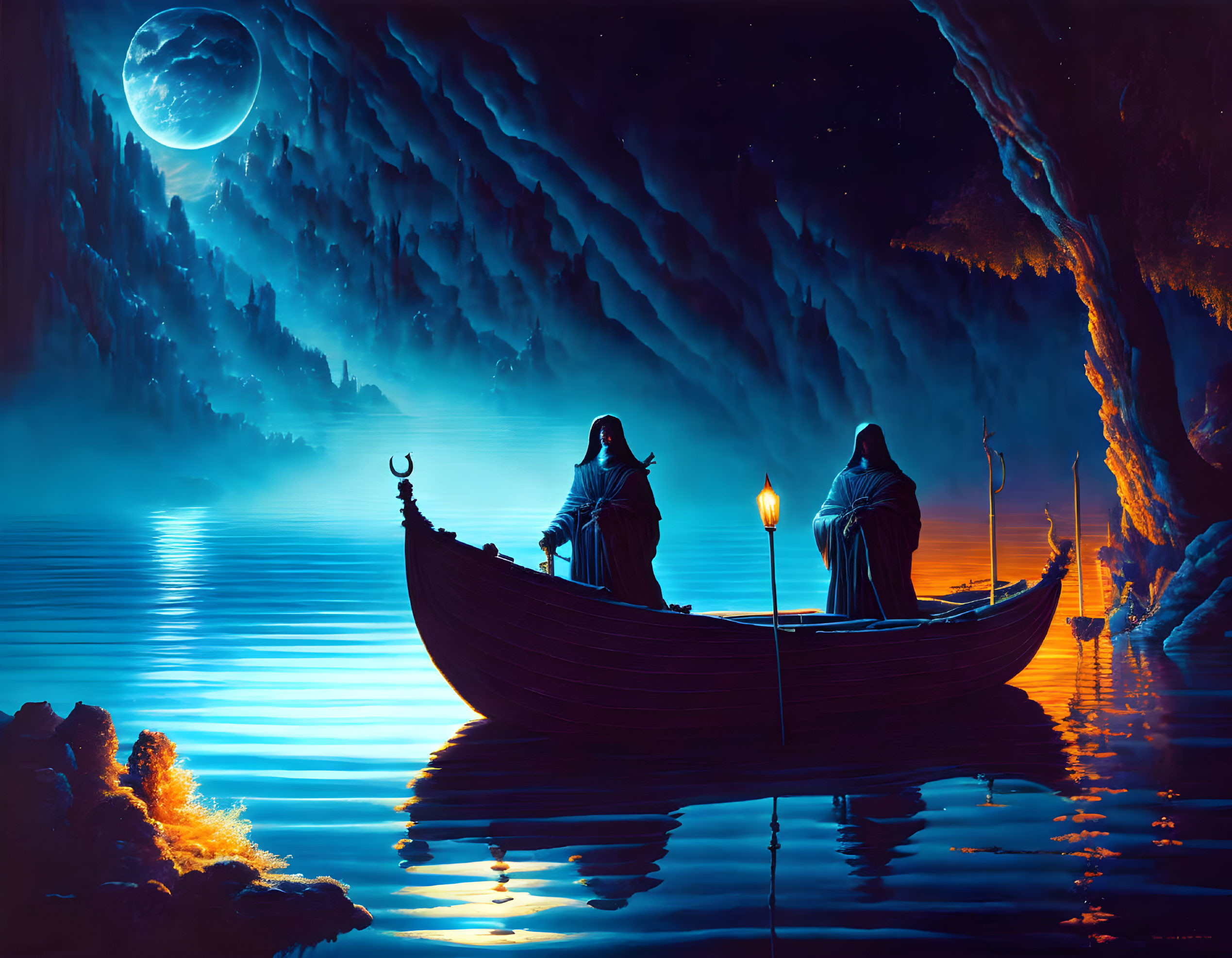 Cloaked Figures in Boat Under Moonlit Sky on Surreal Blue Landscape