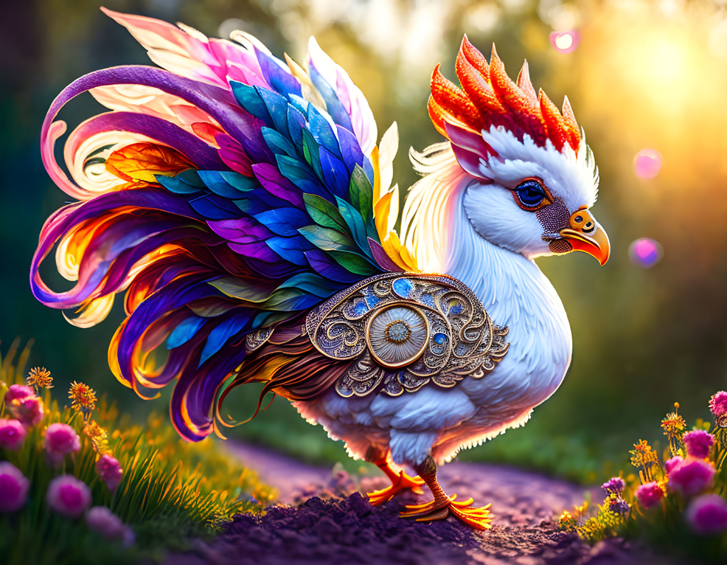 Colorful Crested Bird in Magical Flower Landscape