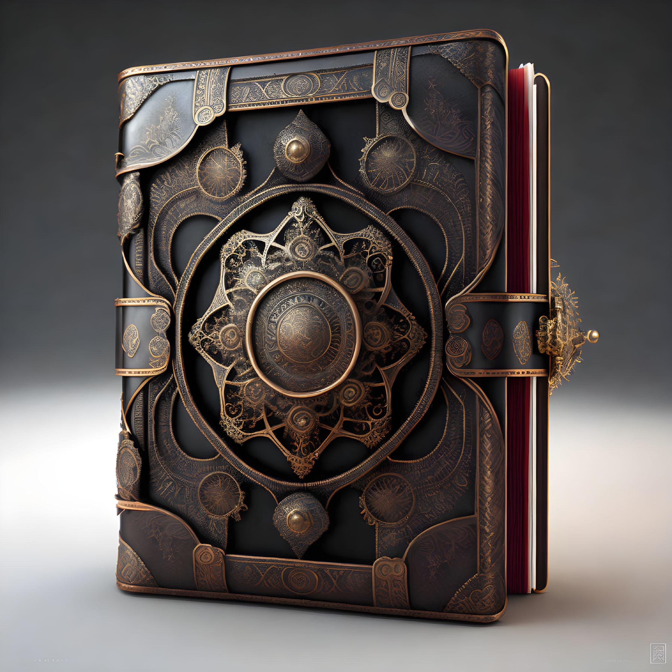 Intricate Leather-Bound Book with Metal Detailing and Mandala Design