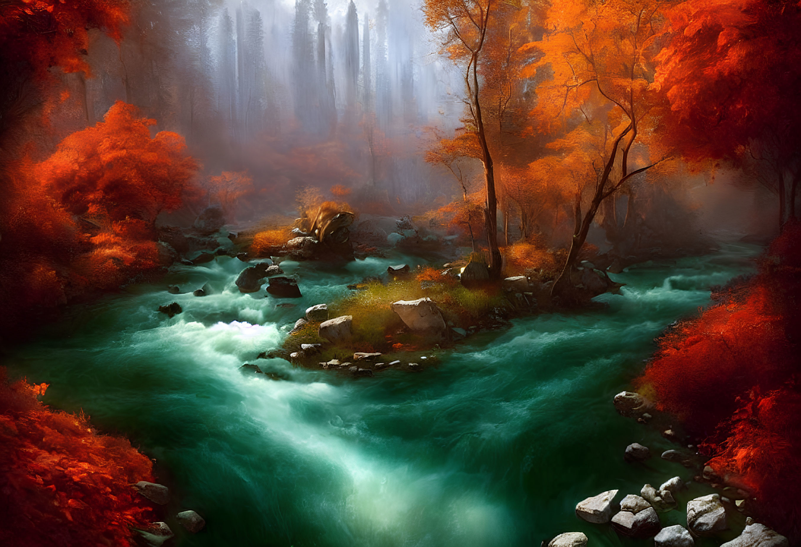 Tranquil autumn river in forest with vibrant foliage