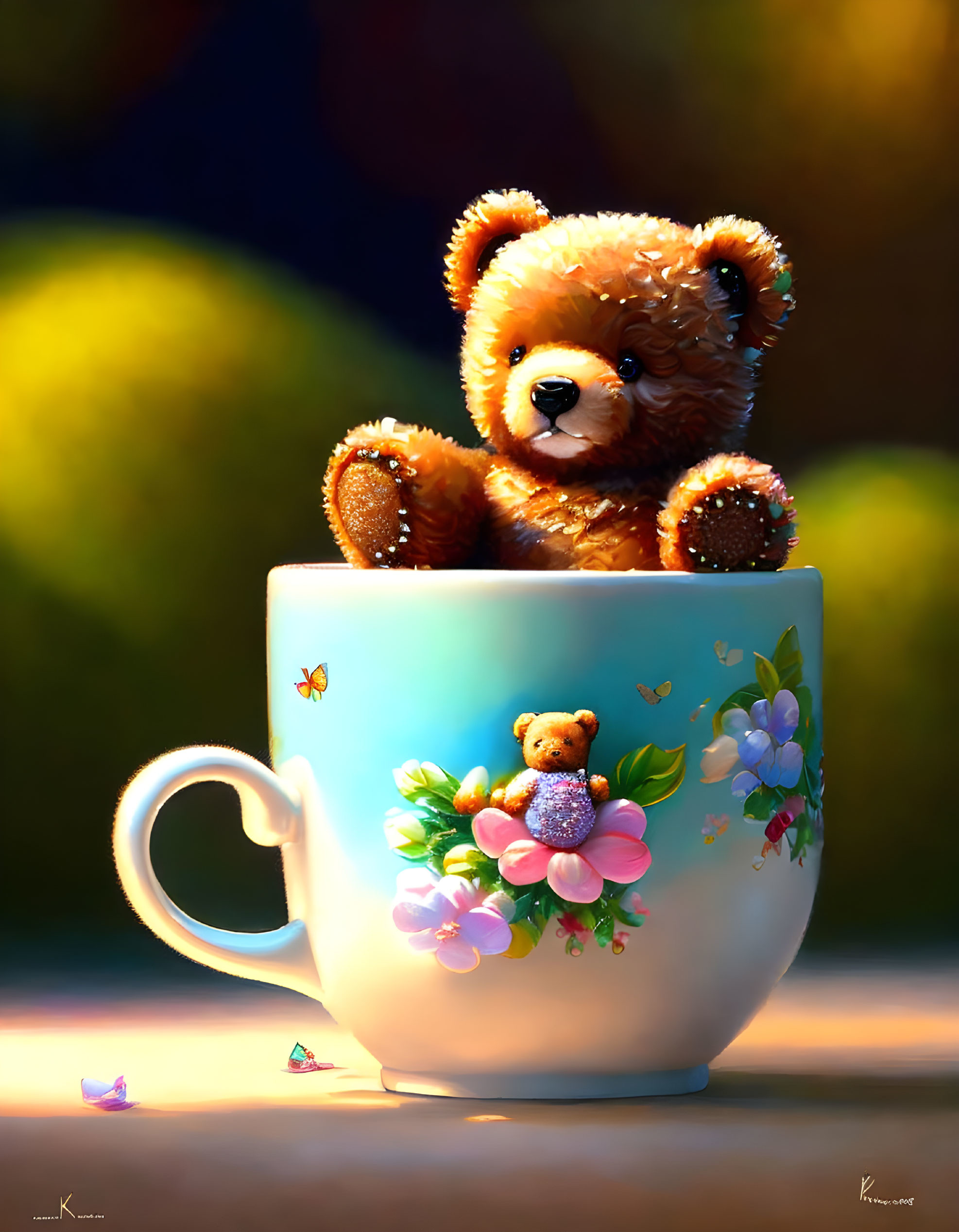 Fluffy teddy bear in white mug with flower illustrations and butterflies