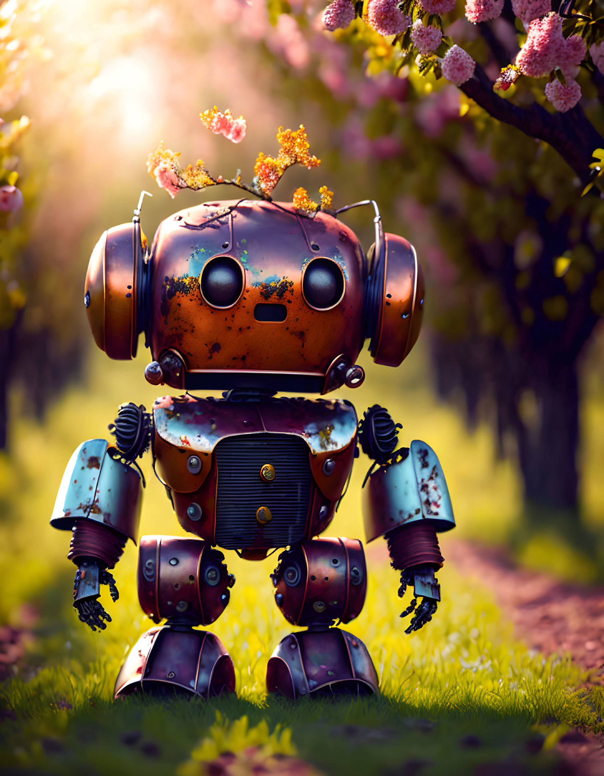 Rusty vintage robot with plant in orchard surrounded by flowering trees