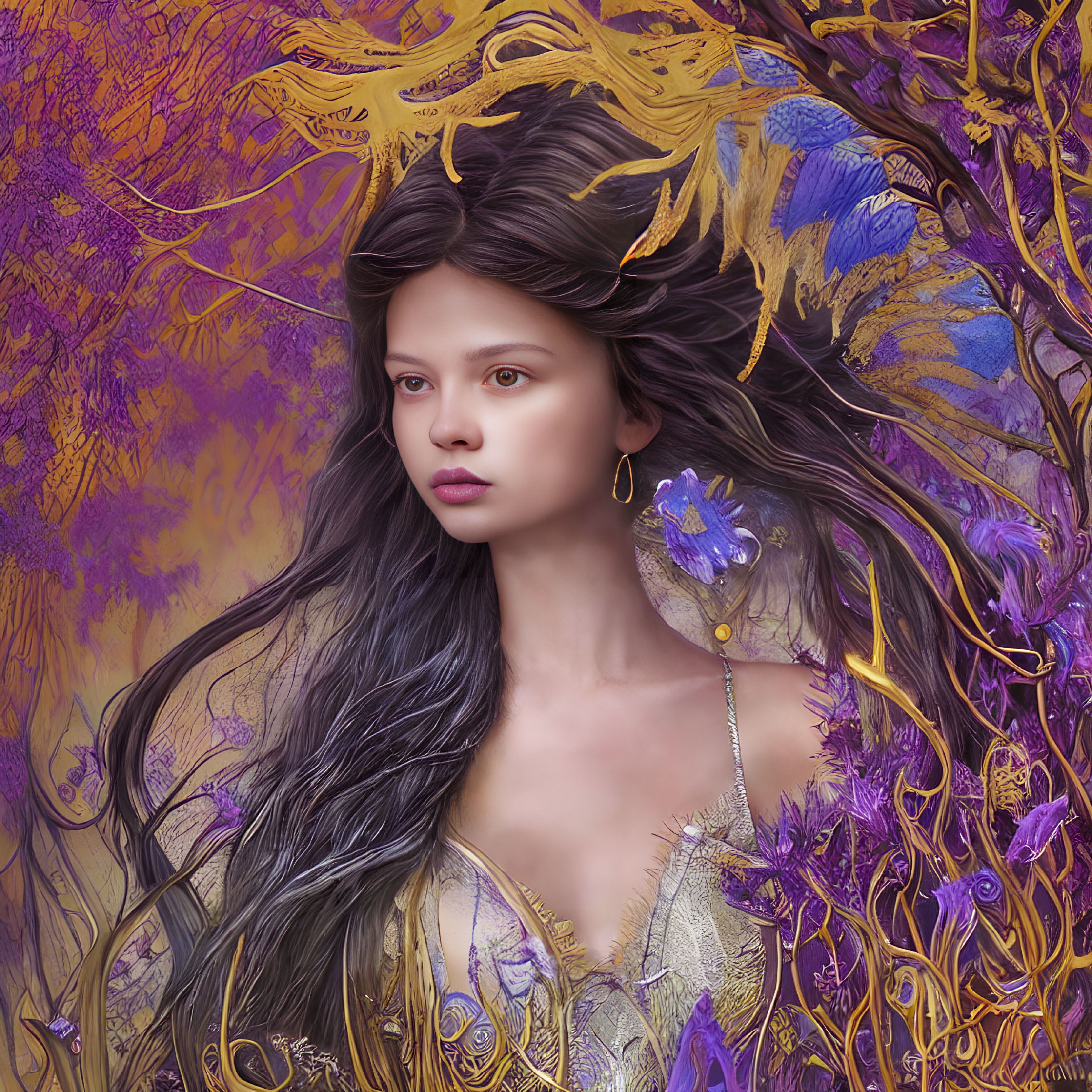 Fantastical portrait of woman with dark hair, purple and gold flora, butterflies