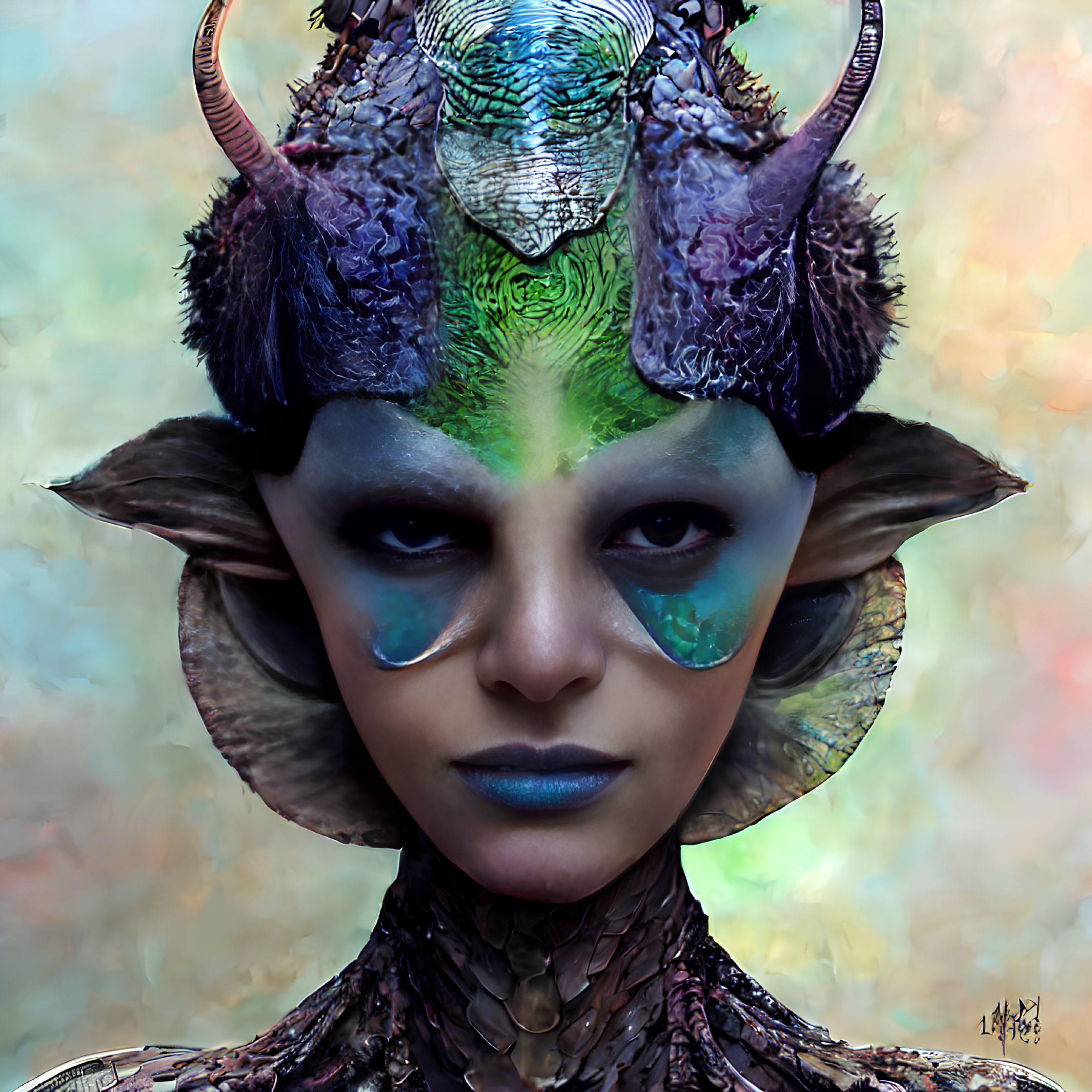 Fantasy portrait: Female creature with horns, blue and green skin, reptilian features, intricate he