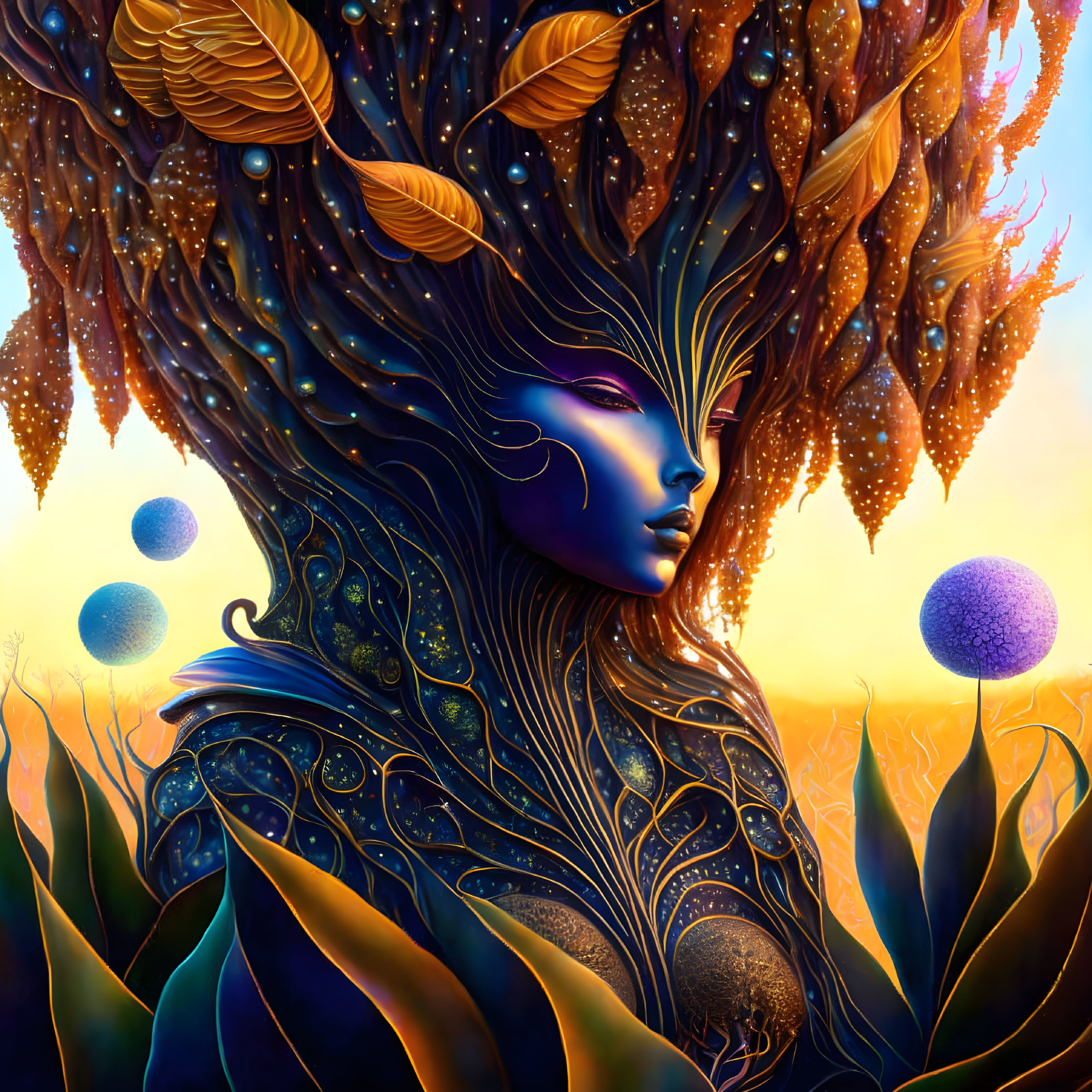 Fantasy figure with blue skin and golden leaf-like hair in surreal setting