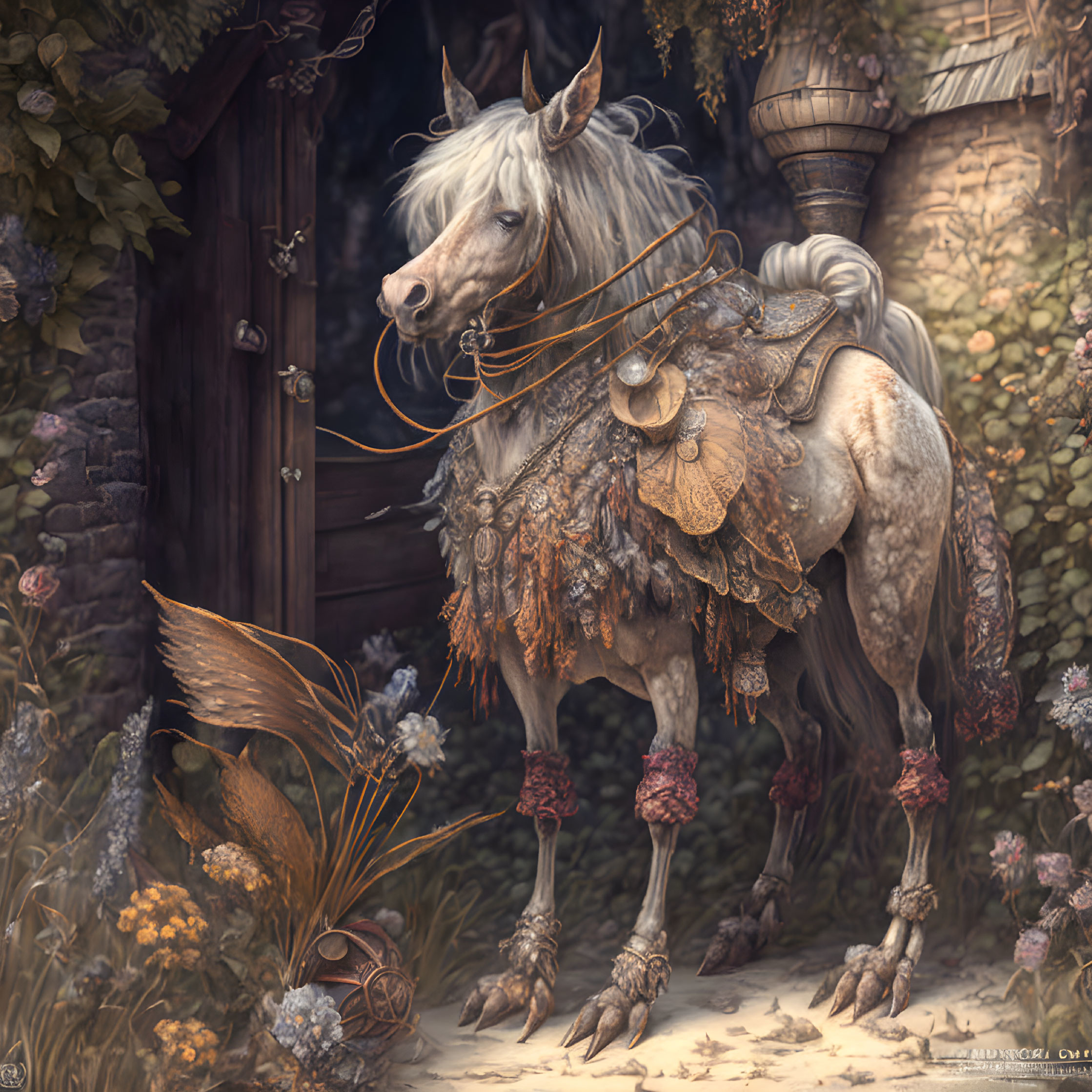 Adorned horse with intricate harnesses in fairy-tale setting