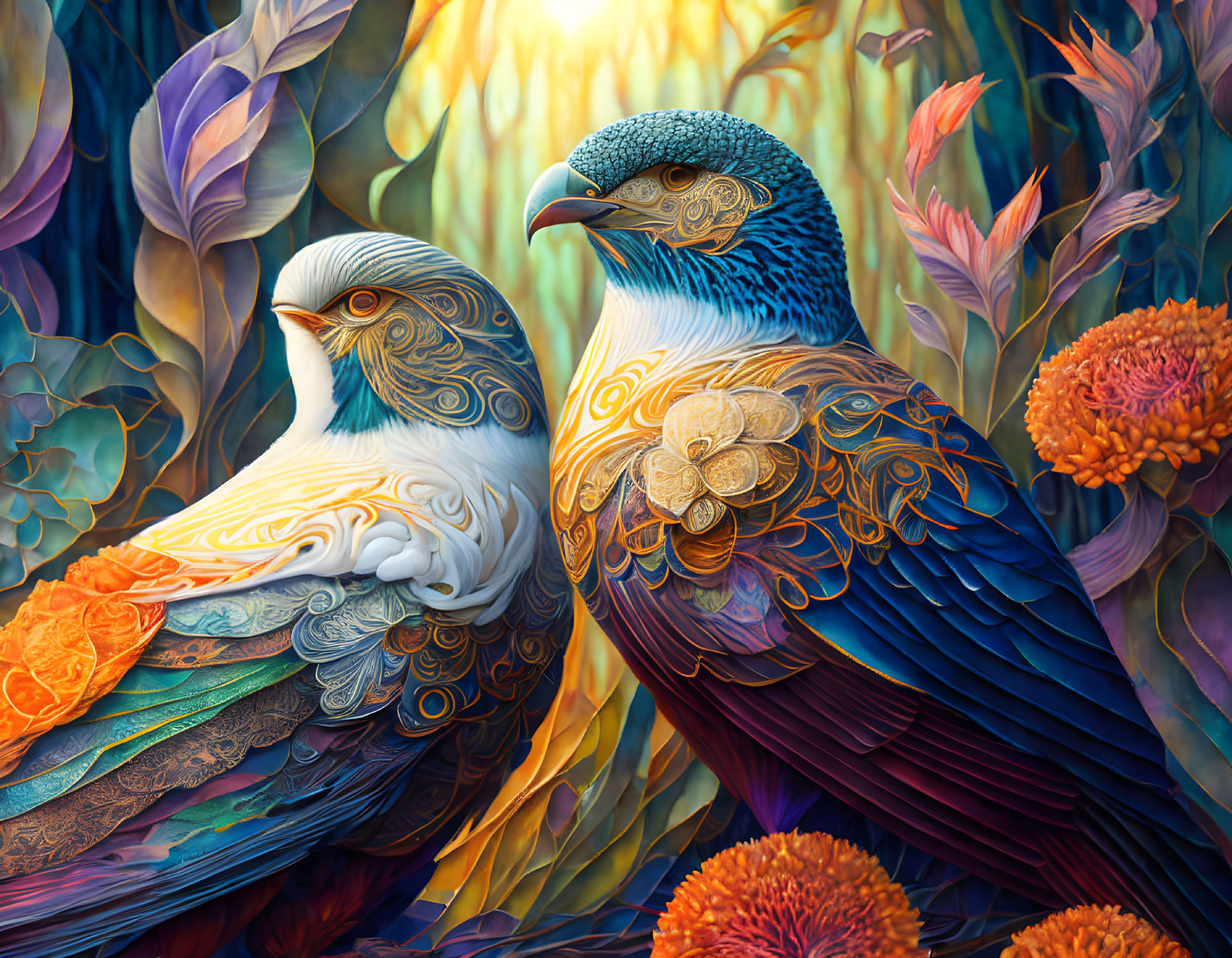 Colorful Illustration of Ornate Birds Amid Intricate Patterns and Floral Backdrop