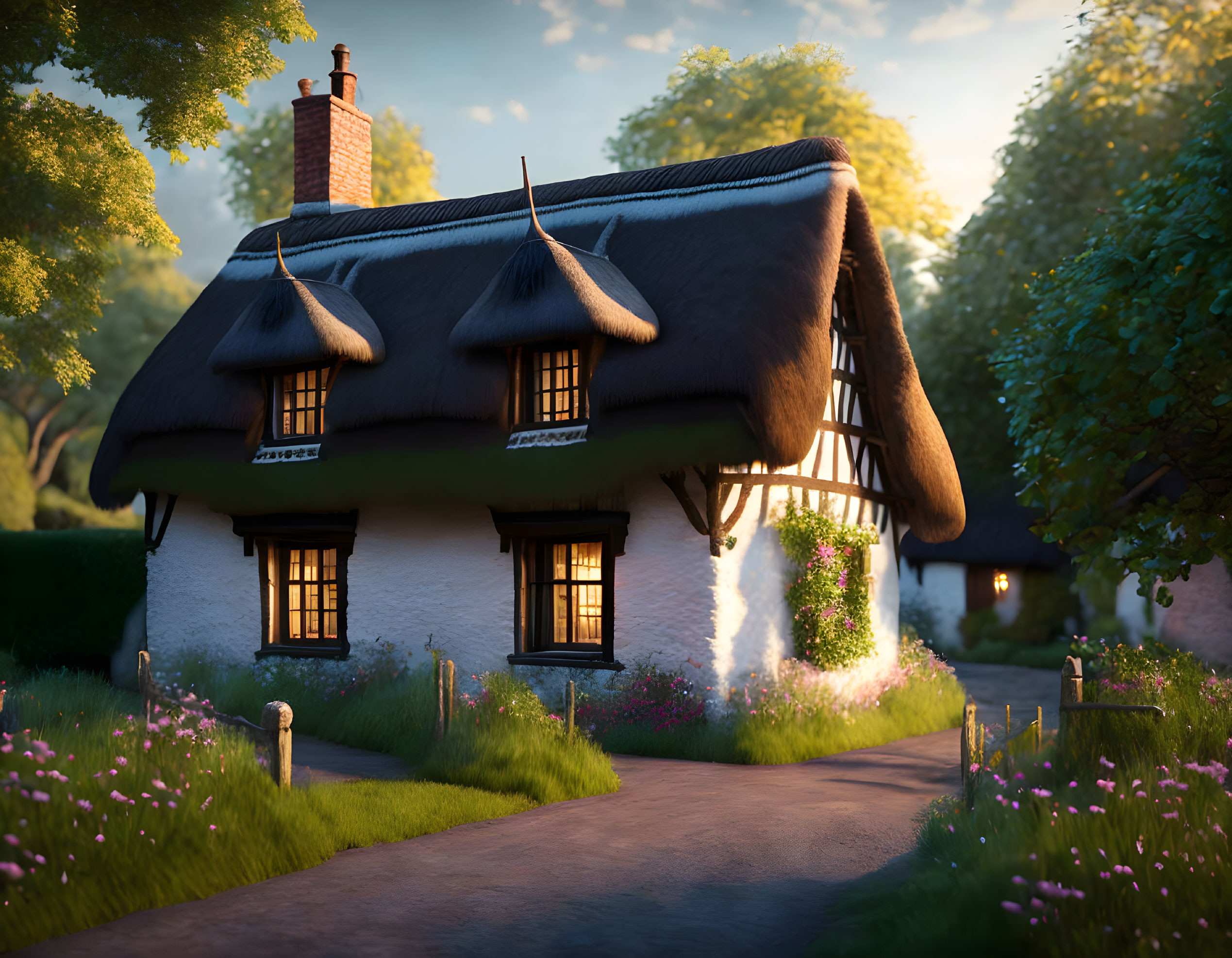 Thatched-Roof Cottage Surrounded by Trees and Flowers at Dusk