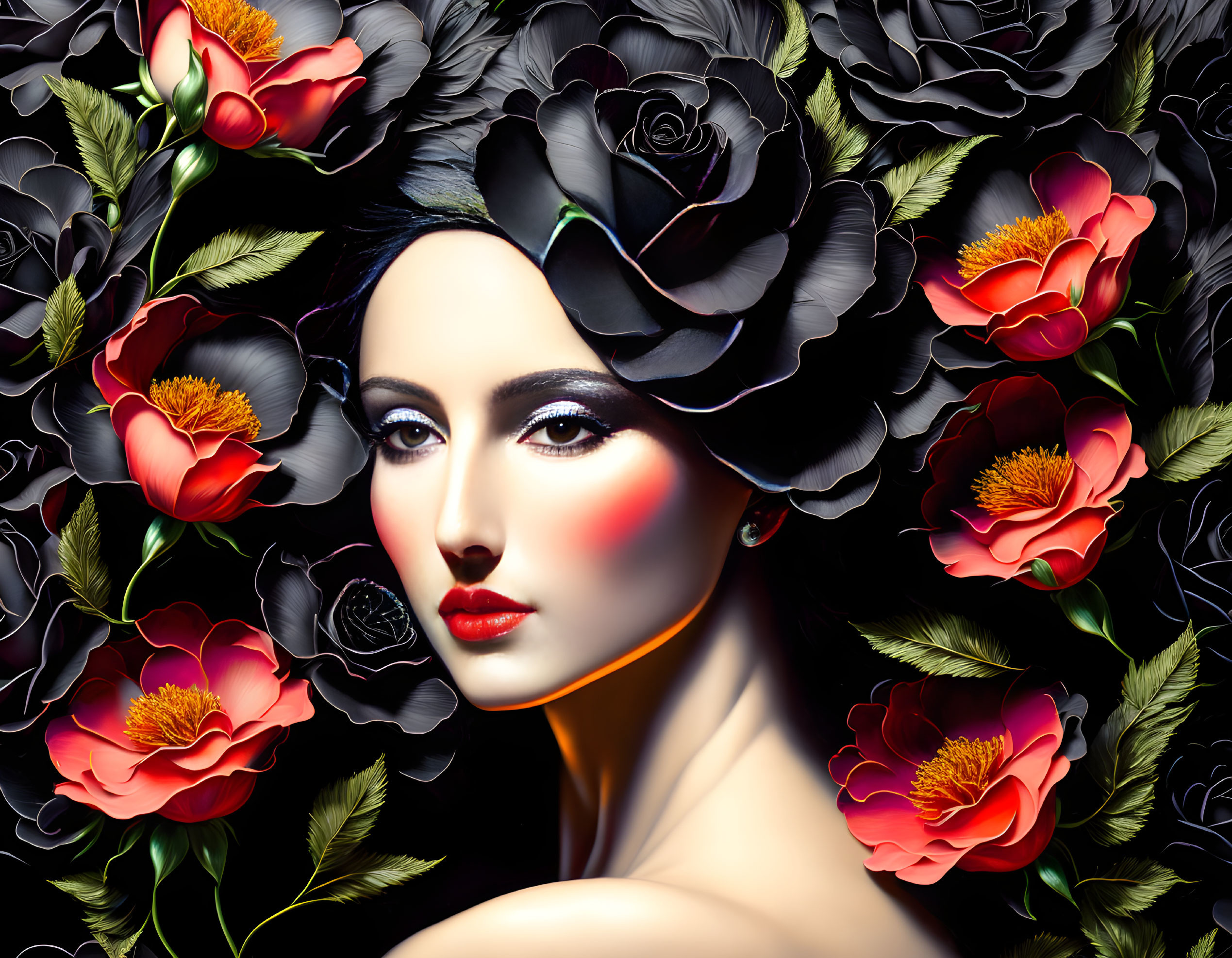 Woman Surrounded by Red Flowers and Dark Foliage with Bloom in Hair