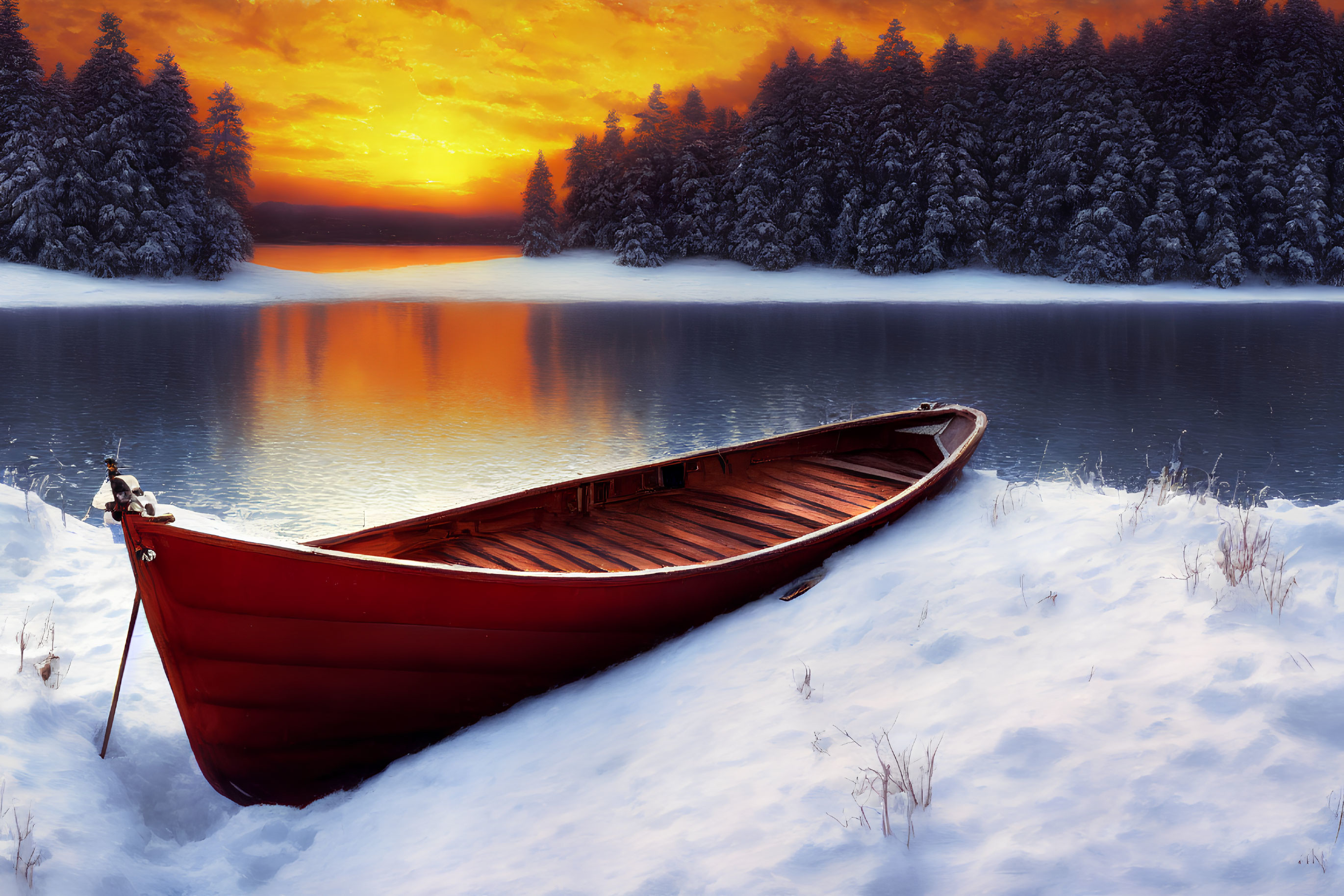 Red boat on snowy shore by tranquil lake at sunset with snowy evergreen trees