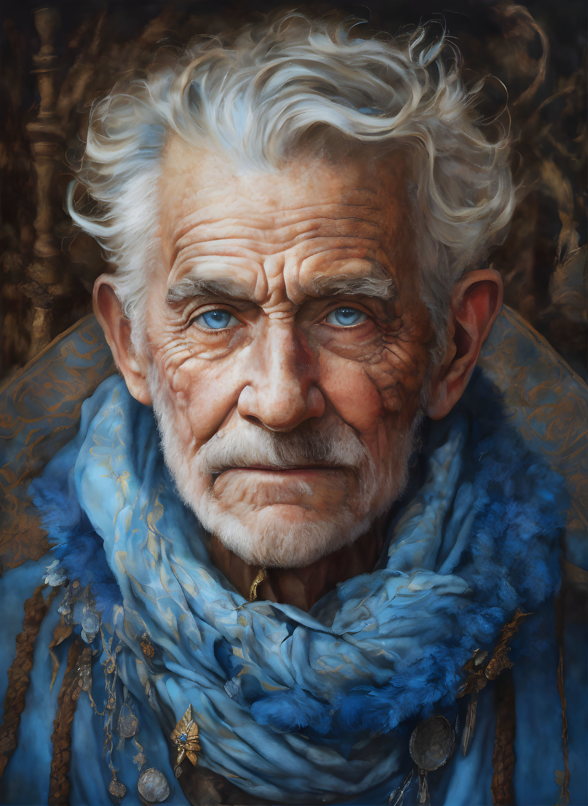 Elderly man with blue eyes and white hair in ornate blue scarf