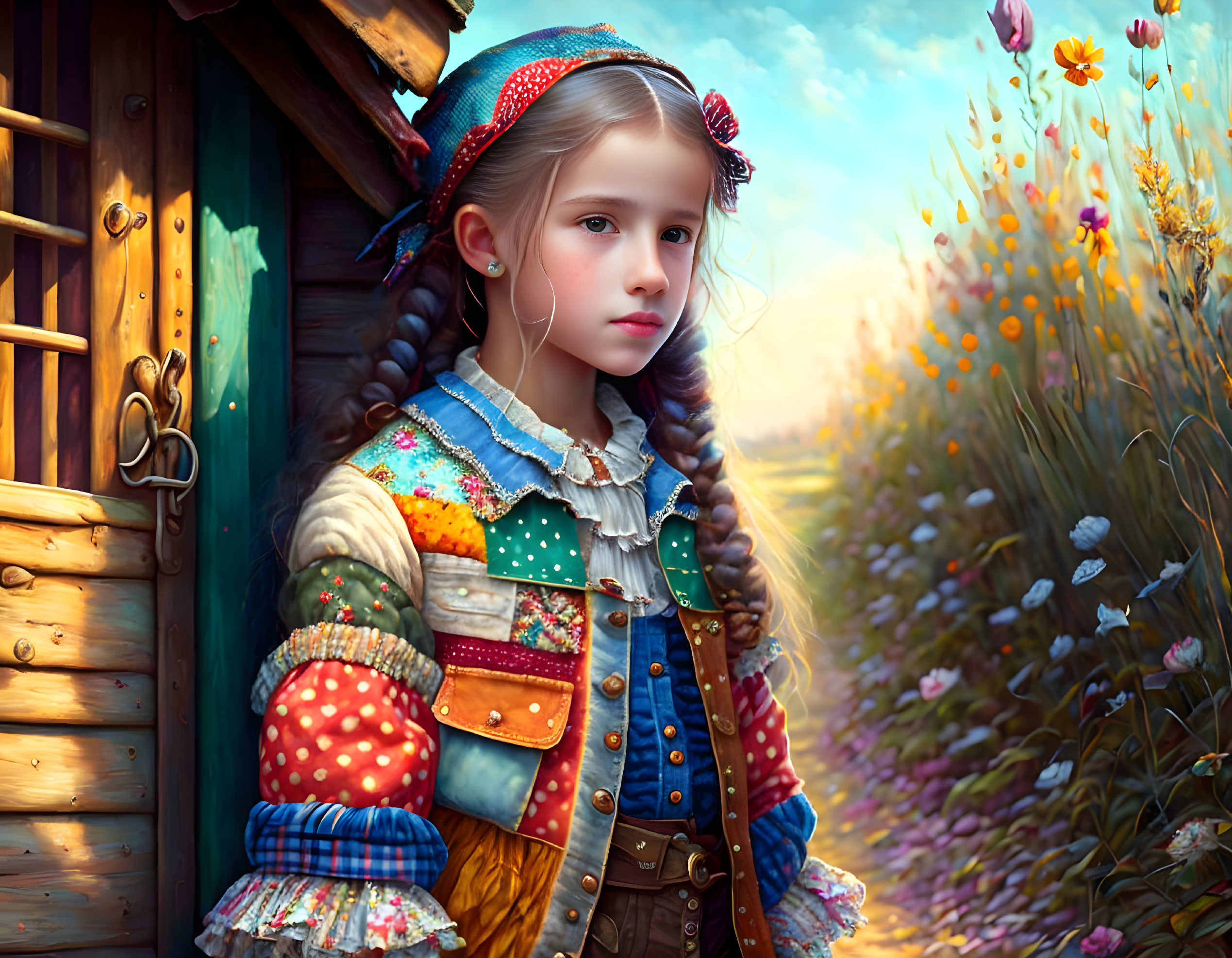 Young girl in colorful outfit by wooden door and flowers