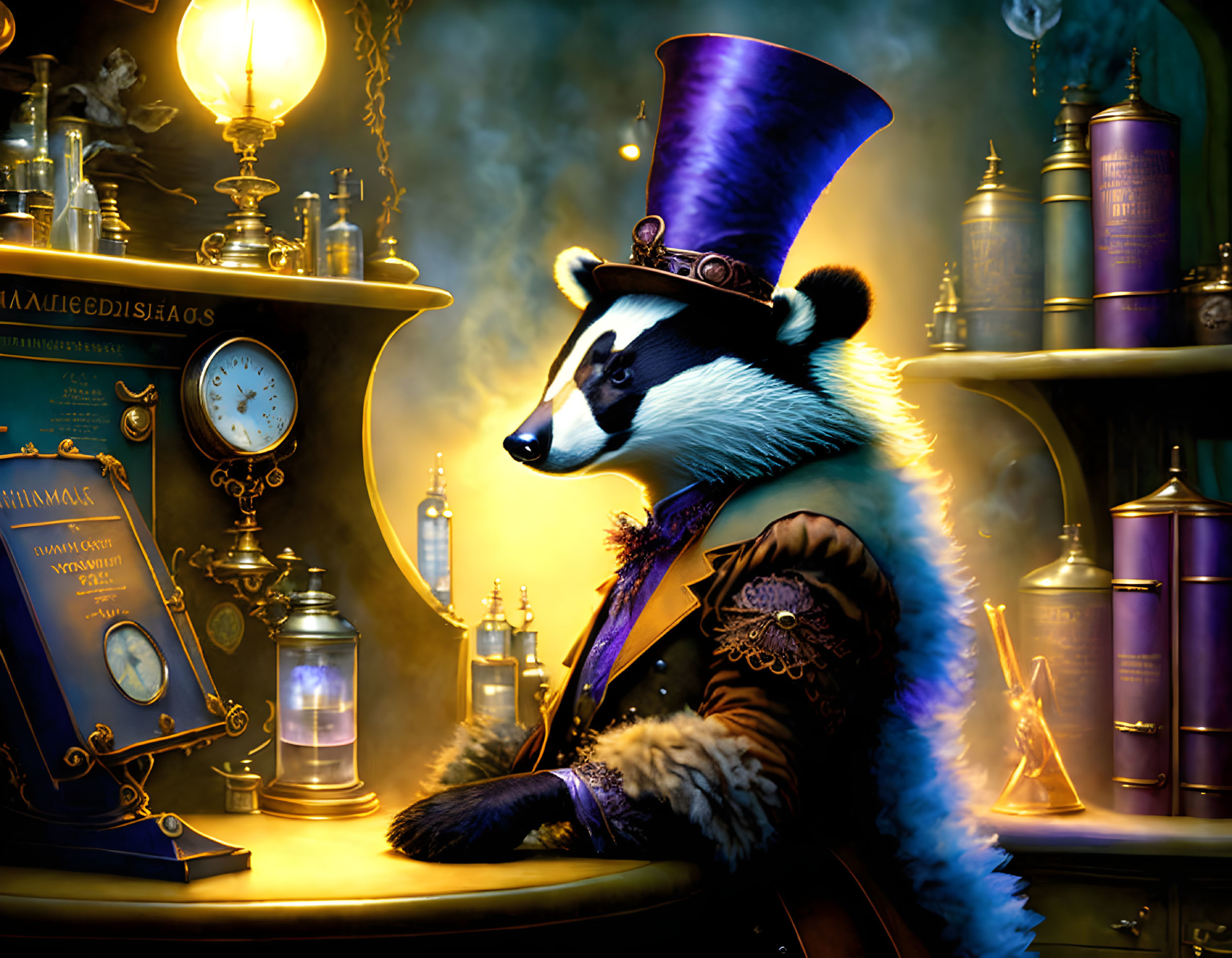 Victorian-era dressed anthropomorphic badger in laboratory setting