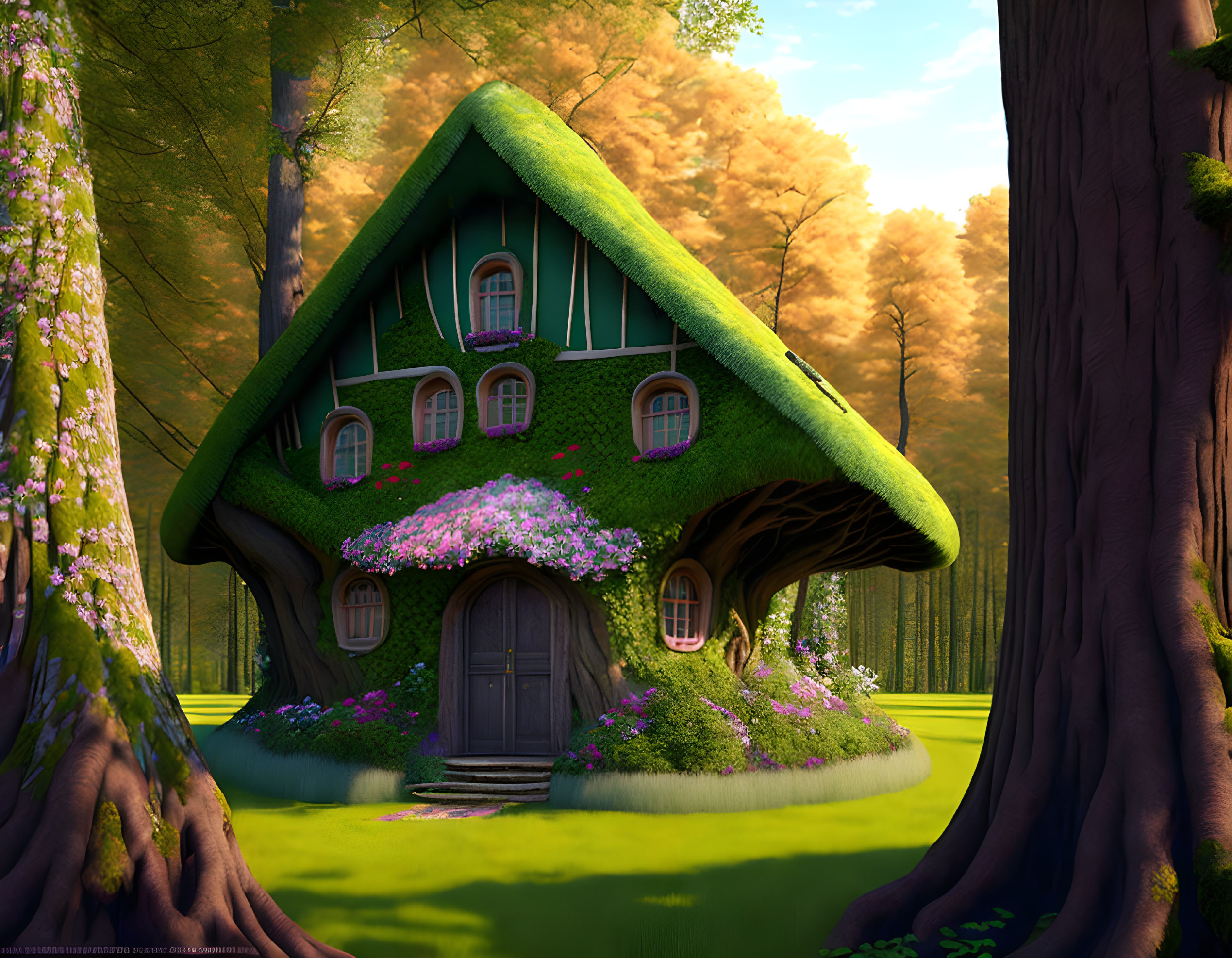 Whimsical mushroom-shaped house in fairytale forest