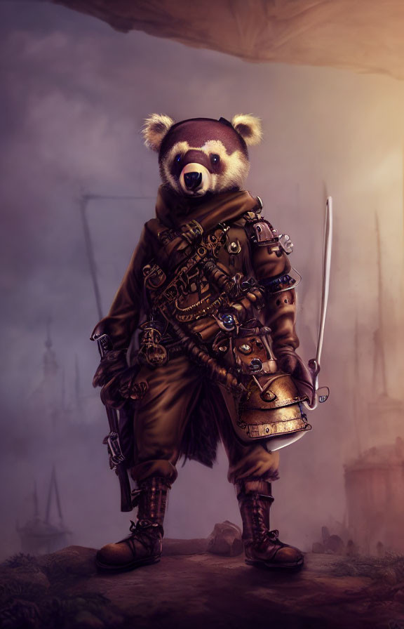 Anthropomorphic raccoon in steampunk pirate attire with sword, goggles, coat, and boots