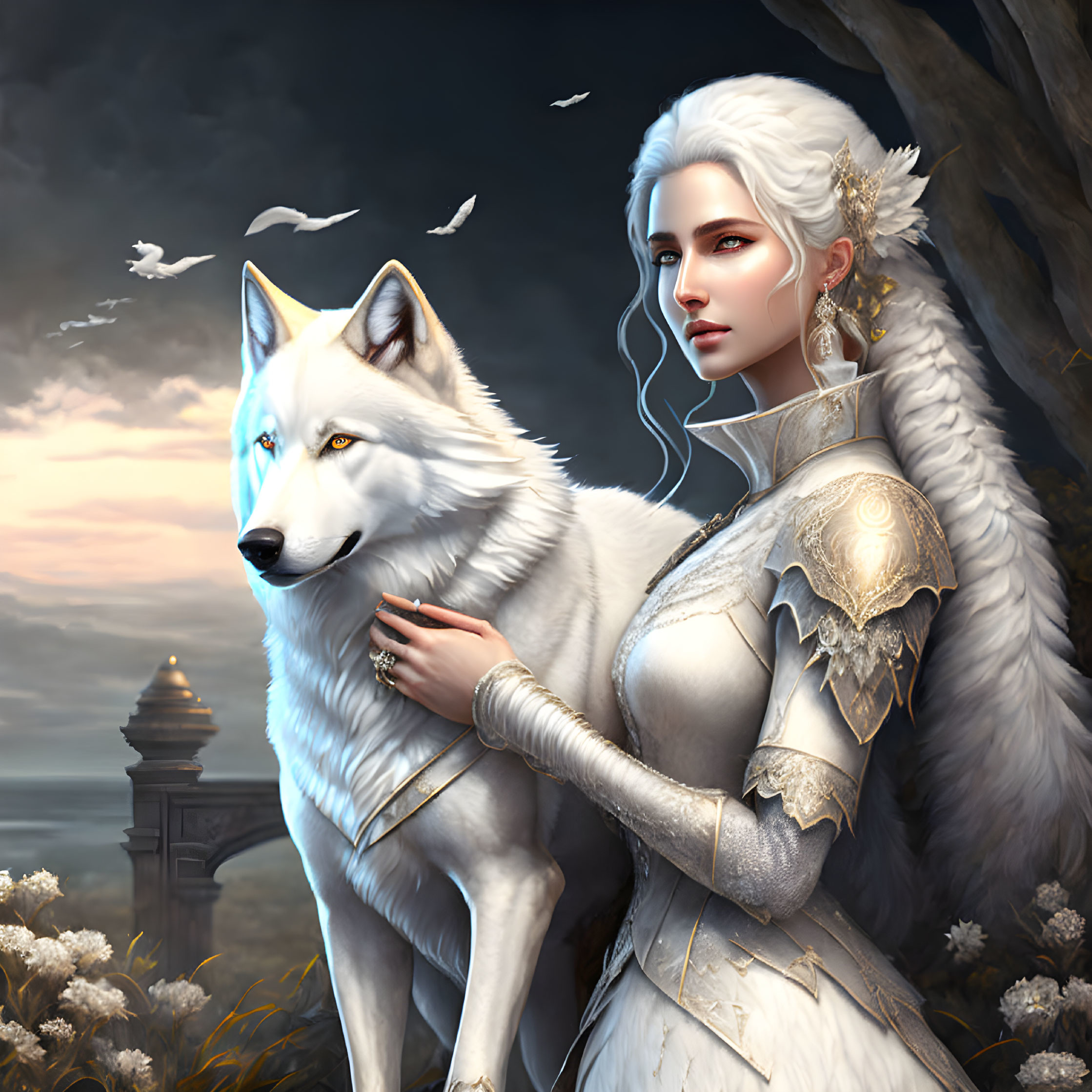 Fantasy illustration: Woman with white hair and wolf in ornate clothing, cloudy sky & lighthouse