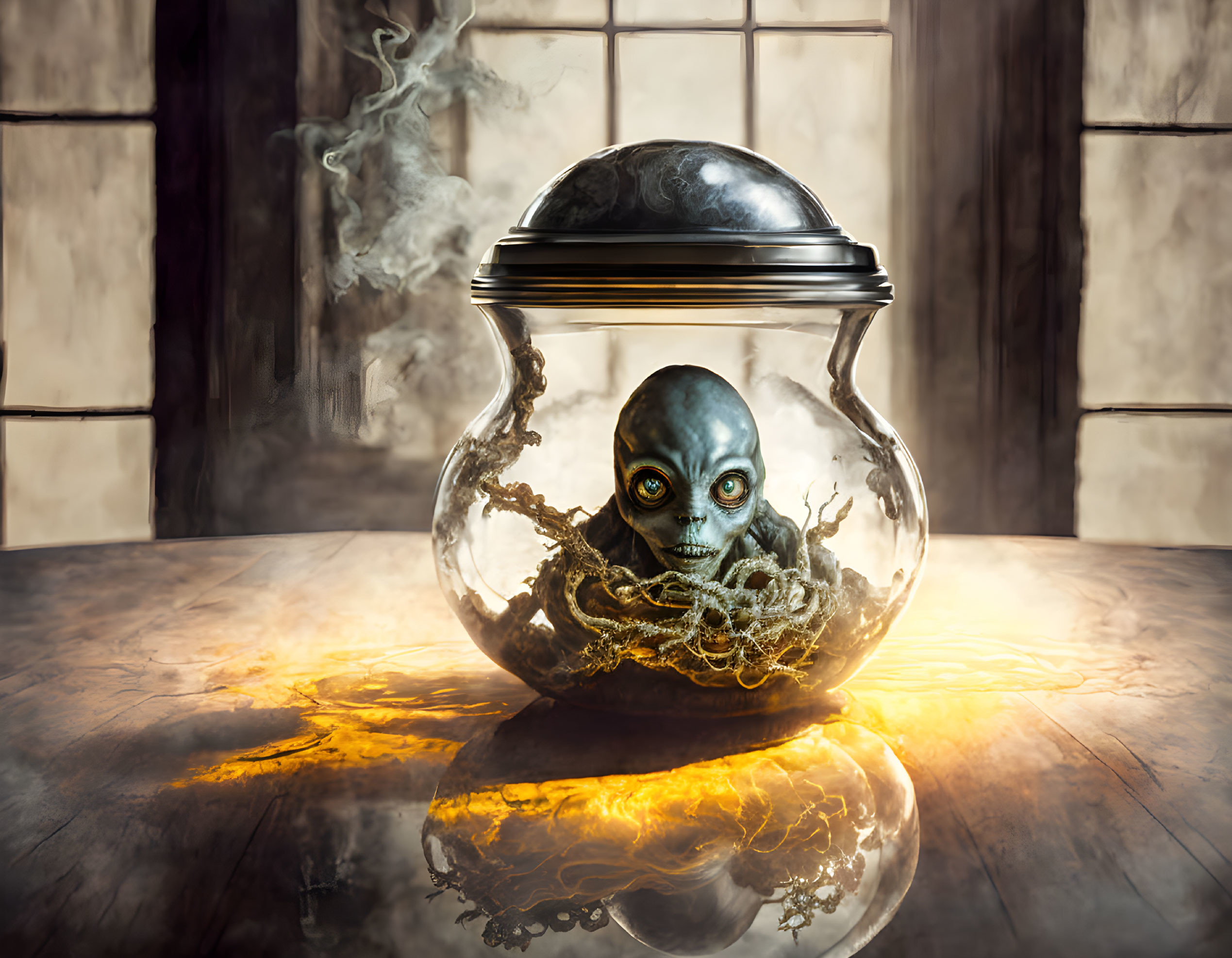 Alien creature in glass dome on wooden table with tentacles and smoke.