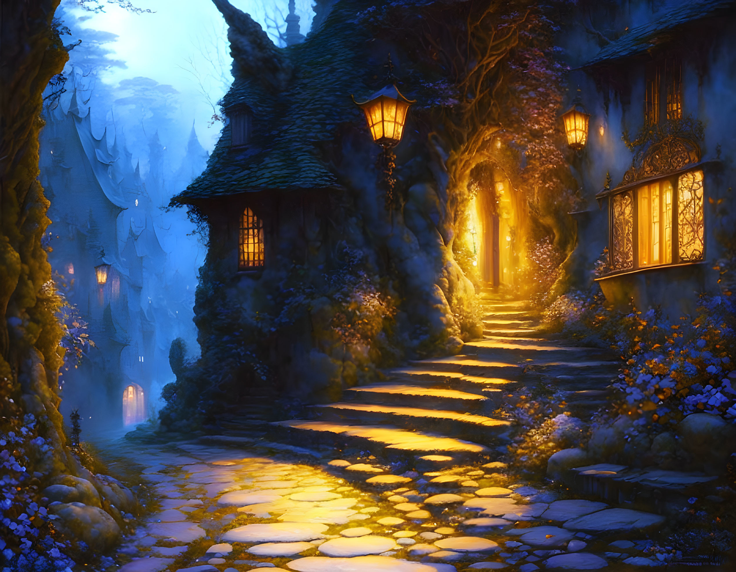 Twilight village with cobblestone pathway and glowing lanterns