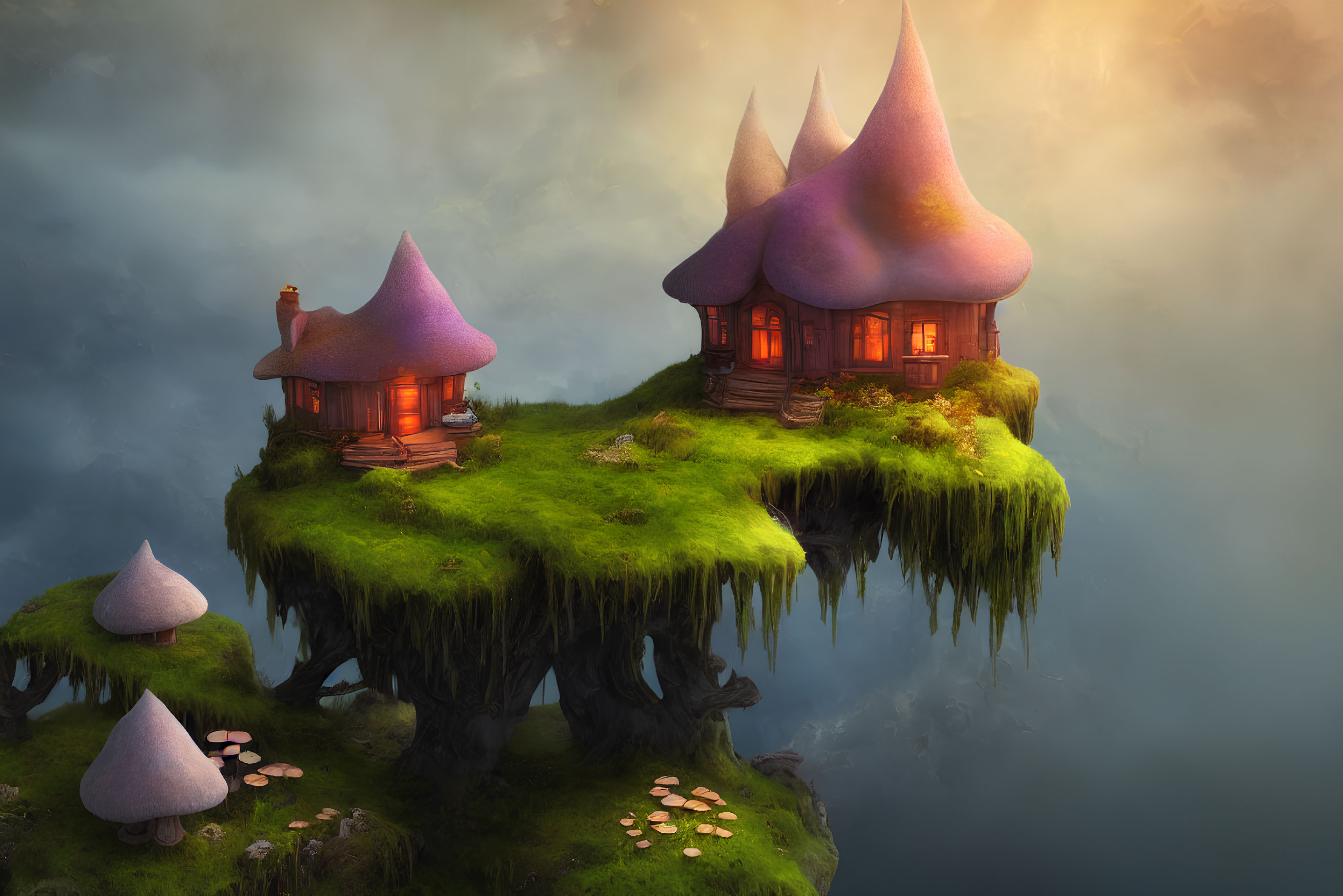 Whimsical cottages on vibrant floating island