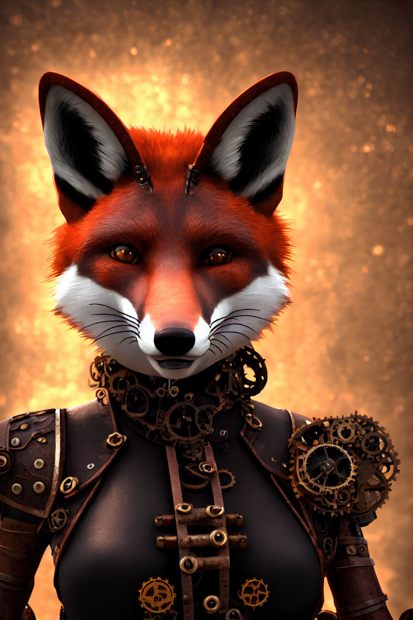 Steampunk-inspired anthropomorphic fox with glowing orange eyes and intricate gear details.