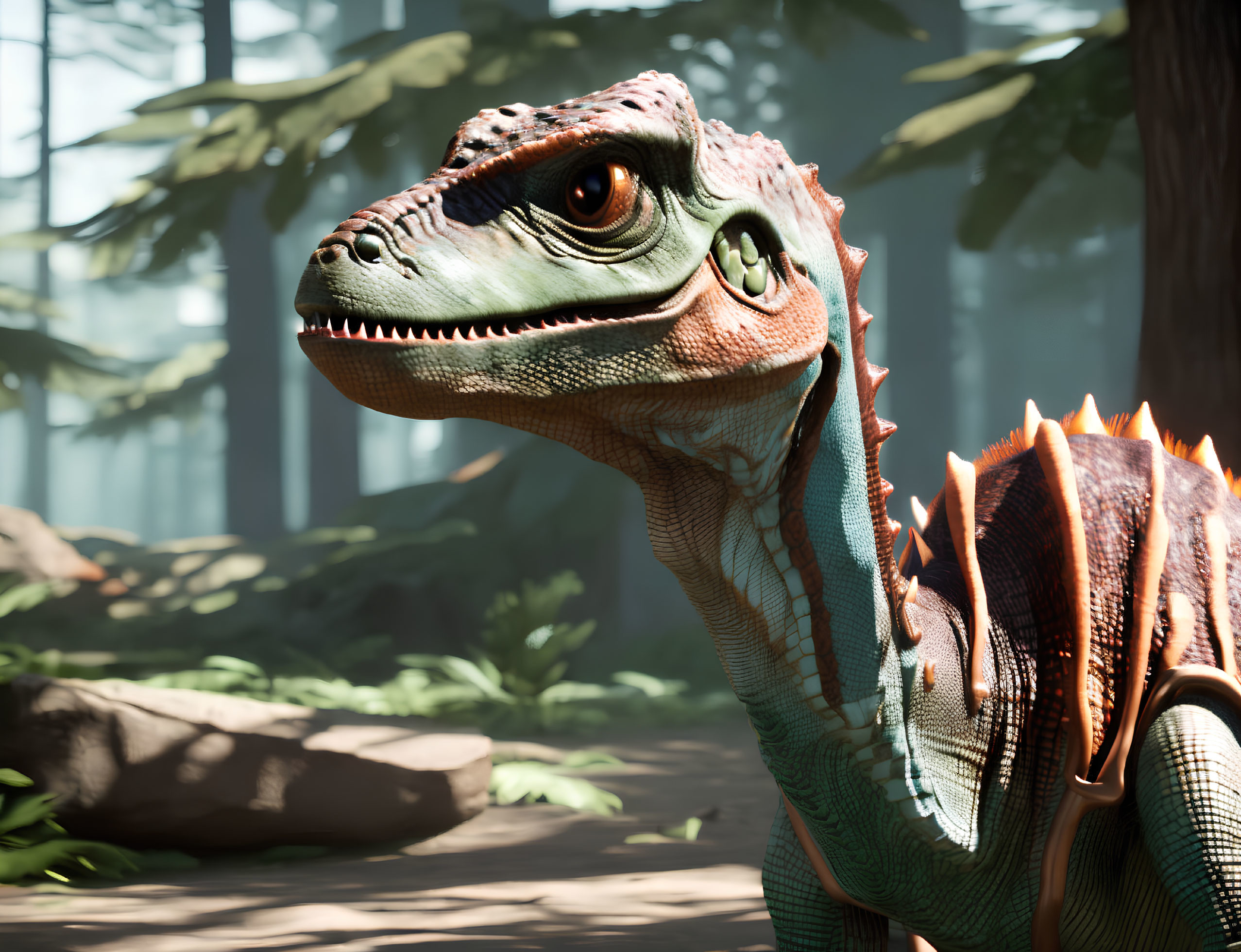 Detailed Velociraptor Dinosaur Head with Scales and Textures in Forest Setting