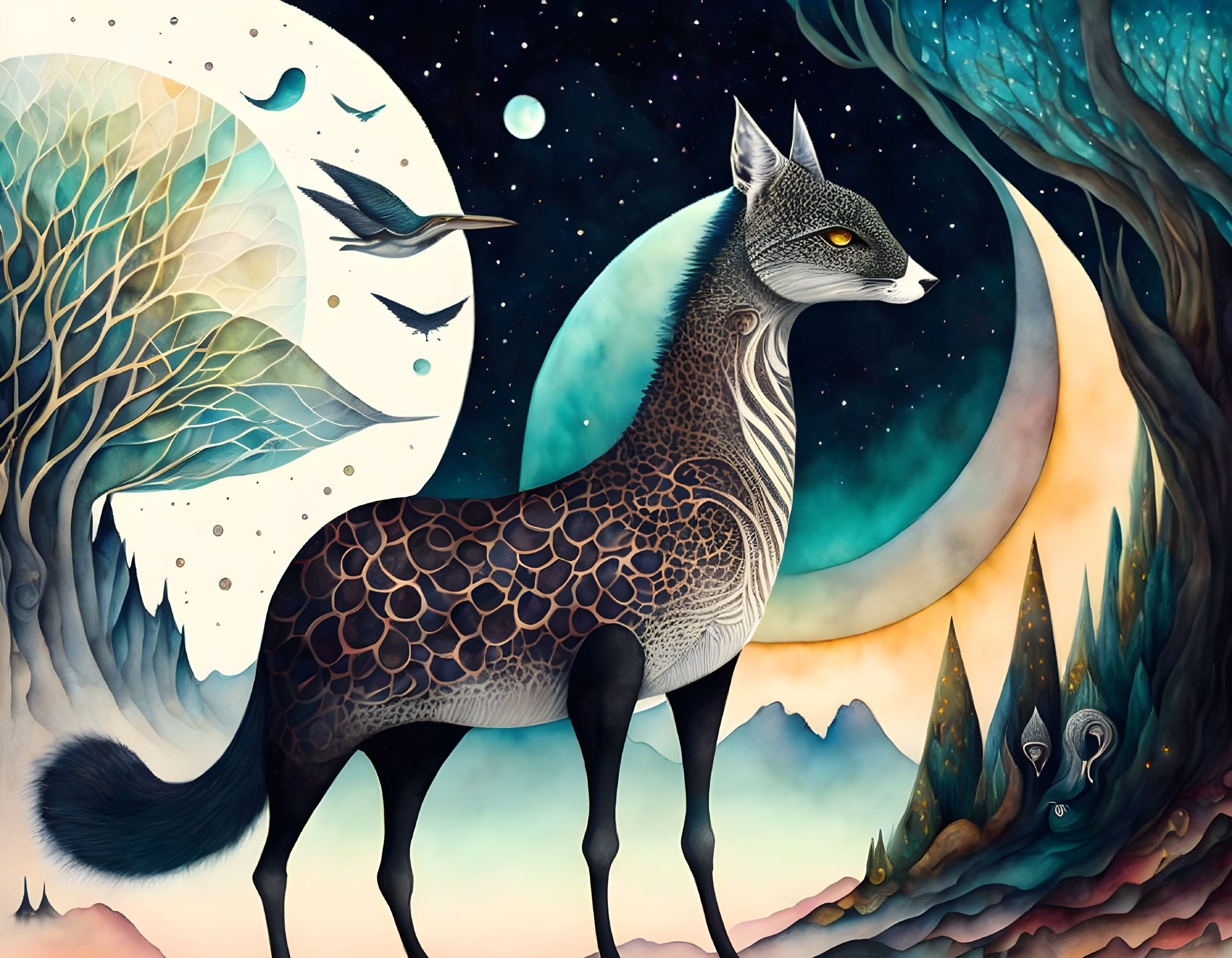 Fox illustration with intricate patterns in whimsical night scene