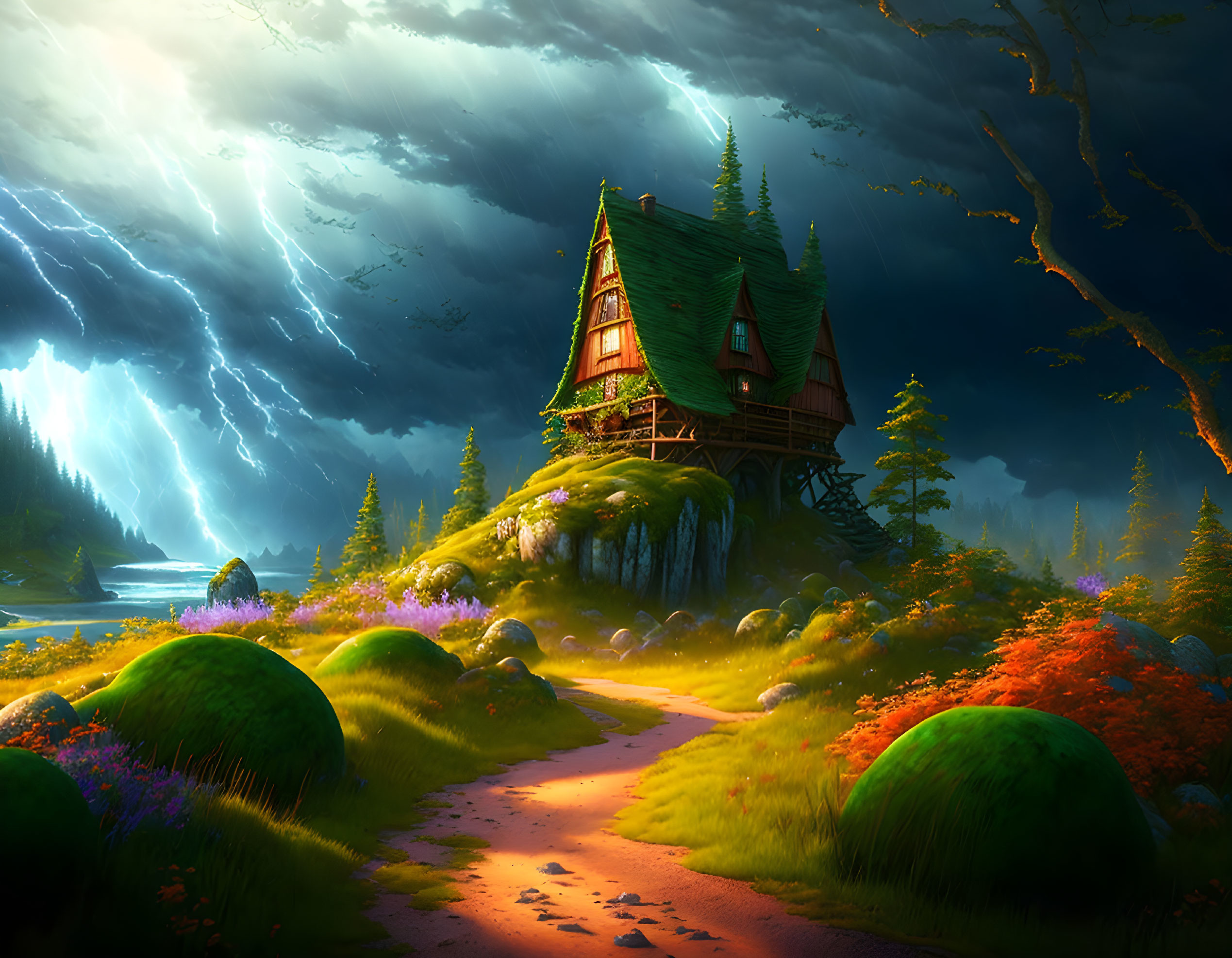 Enchanting cottage on lush hill with vibrant flora under stormy sky.