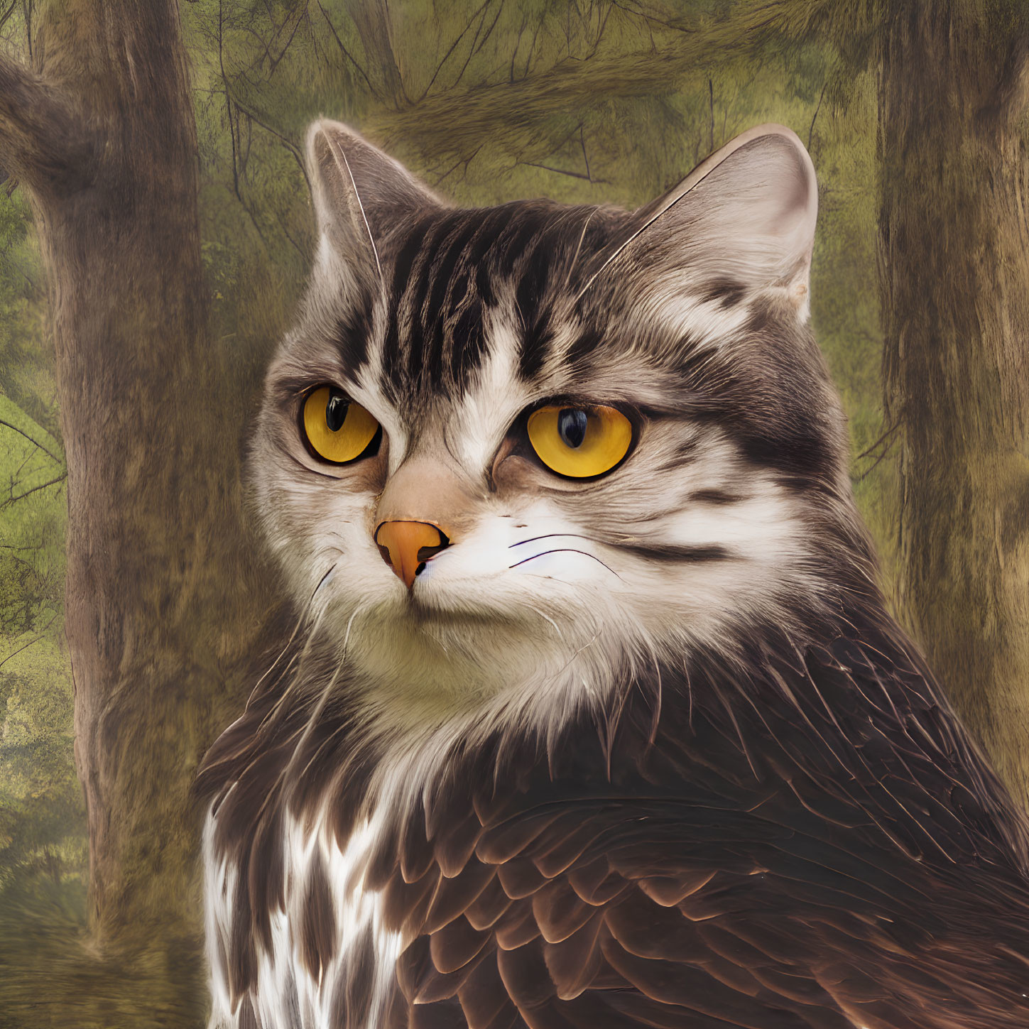 Digital artwork: Cat's face merged with owl body in forest setting