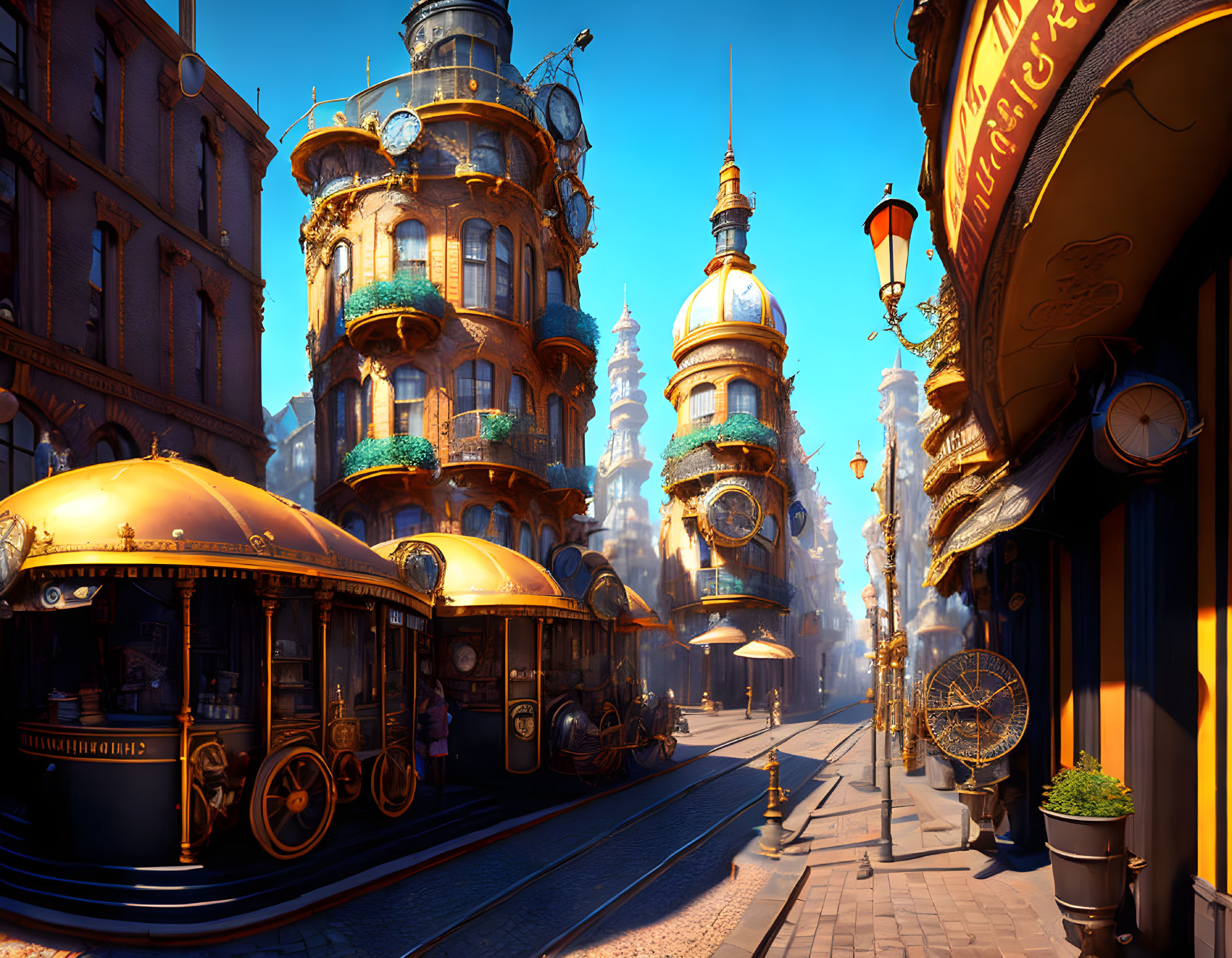 Steampunk-inspired cityscape with ornate buildings and golden tram