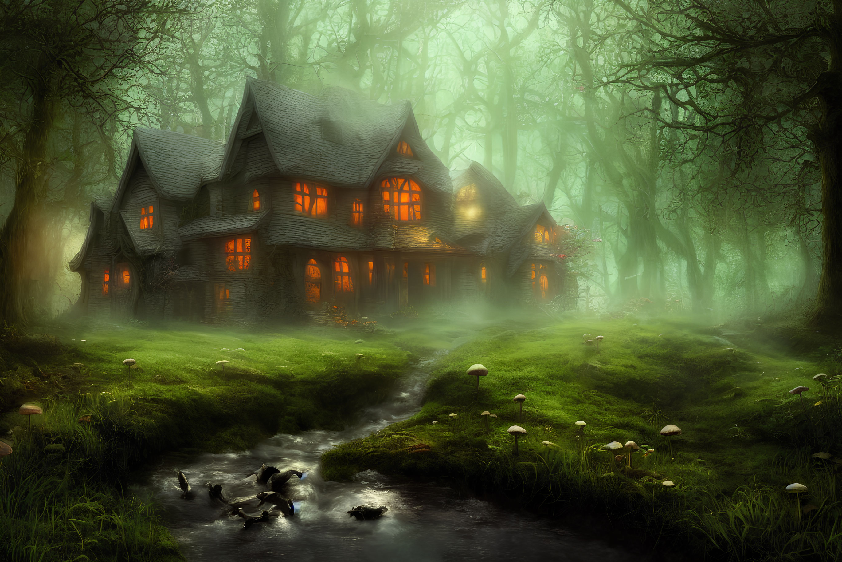 Enchanting cottage in foggy forest with glowing windows