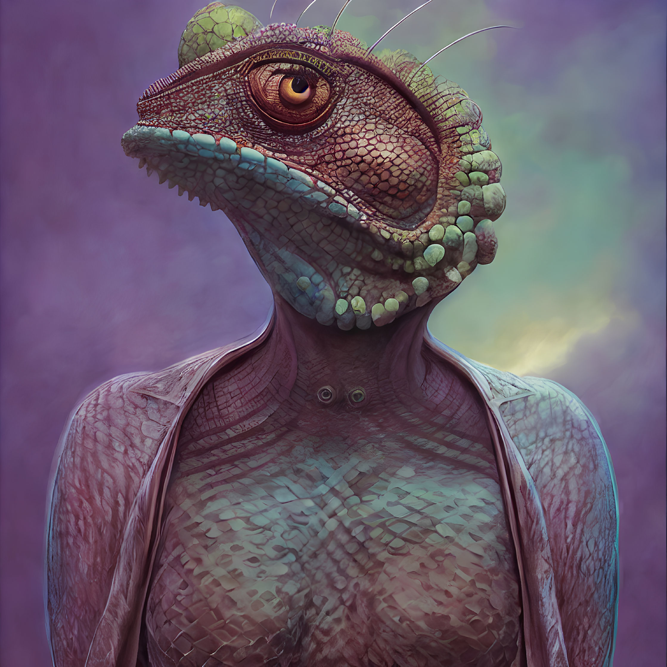 Textured scaly humanoid reptilian creature in jacket on purple and green background