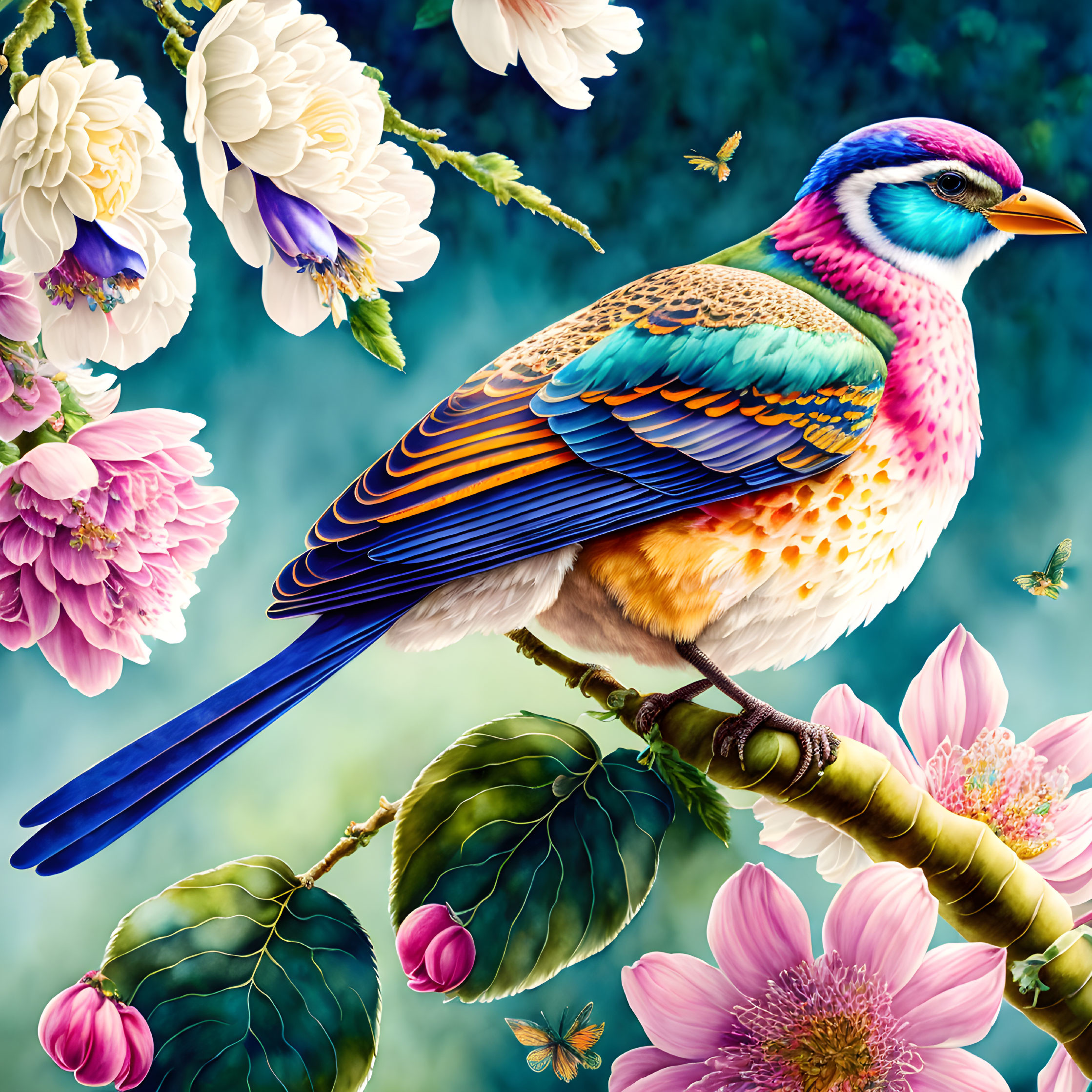 Colorful Bird Illustration with Detailed Feather Patterns on Branch in Floral Setting