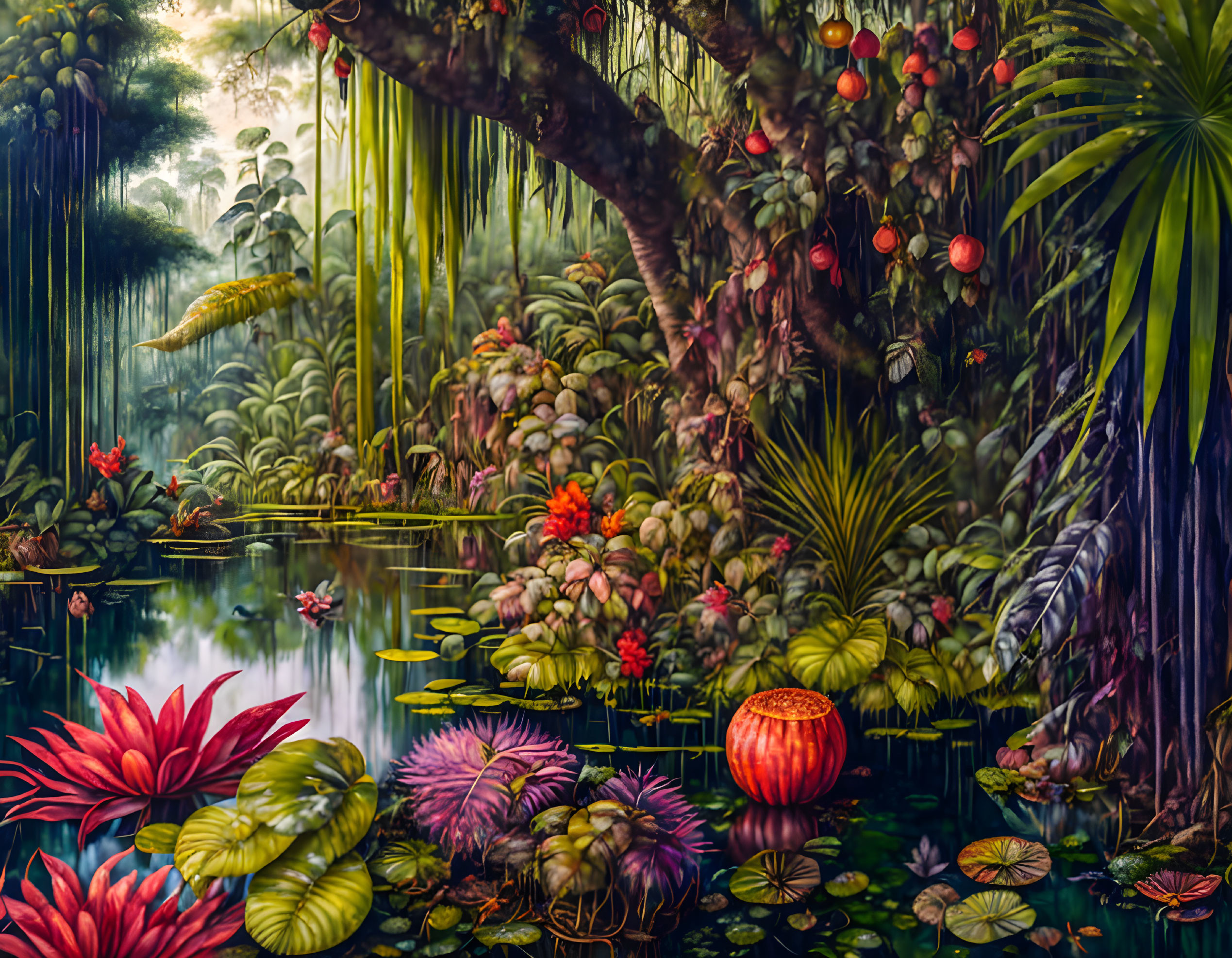 Lush Jungle Scene with Tranquil Pond and Colorful Flora