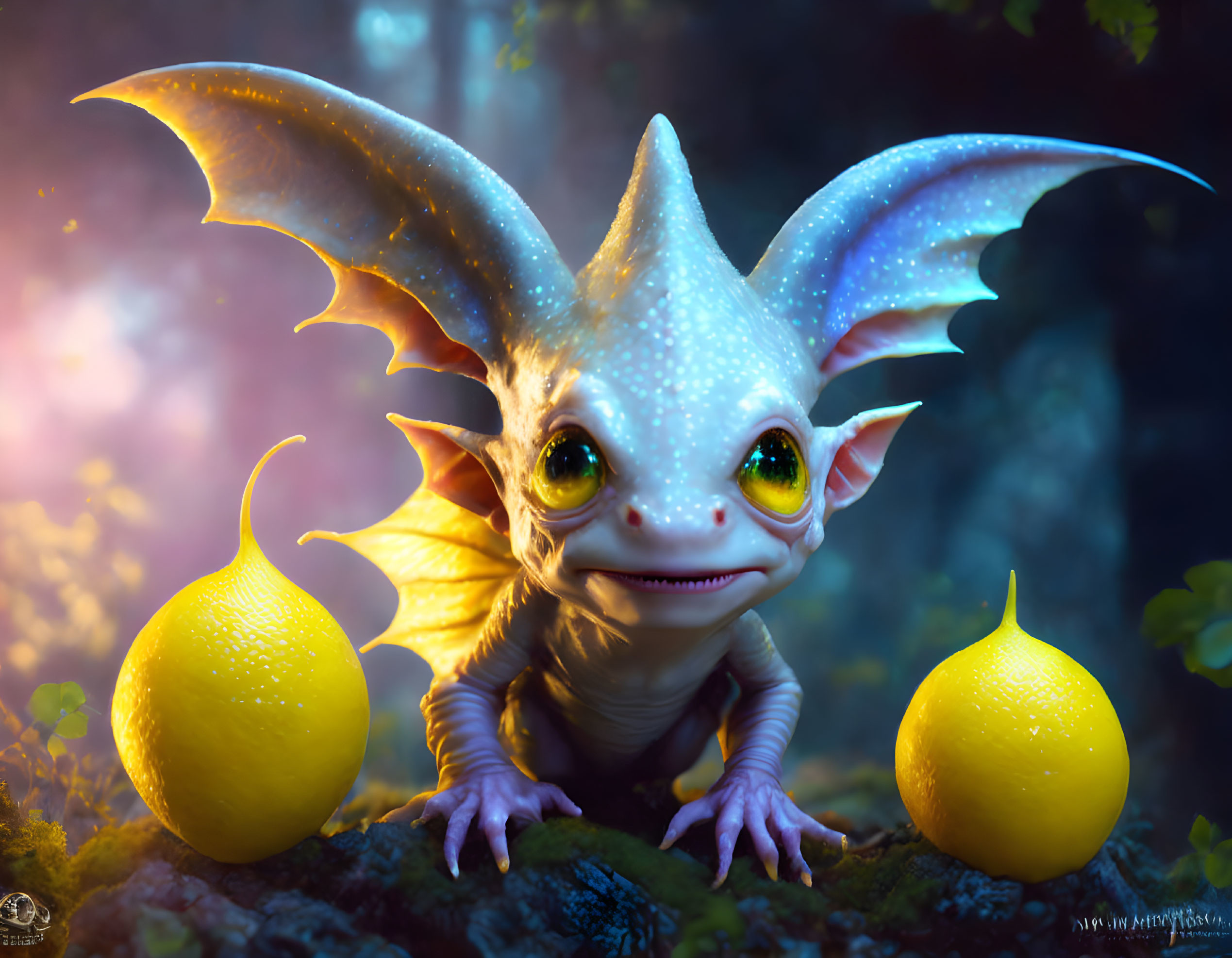 Dragon-like creature with large ears and wings next to yellow lemons in a mystical forest