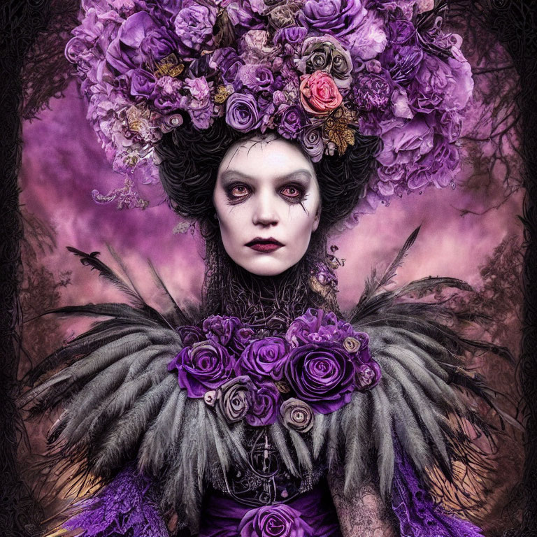 Gothic makeup with purple floral headpiece in misty forest